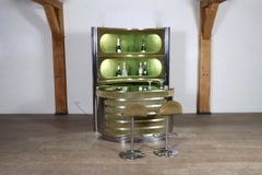 Suede And Chrome Dry Bar With Barstools In Olive Green, Willy Rizzo, Italy 1970s
