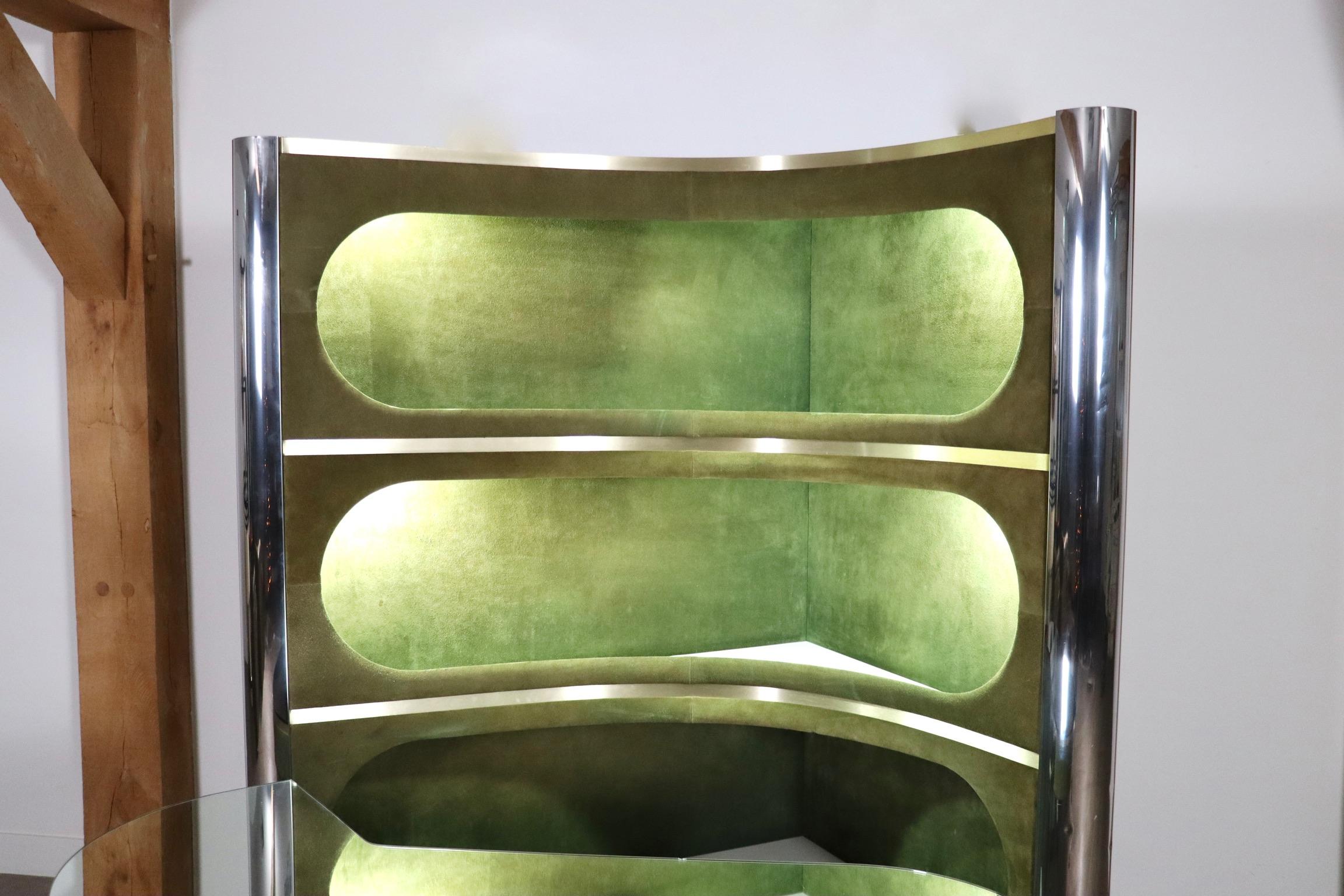 Suede And Chrome Dry Bar With Barstools In Olive Green, Willy Rizzo, Italy 1970s 1