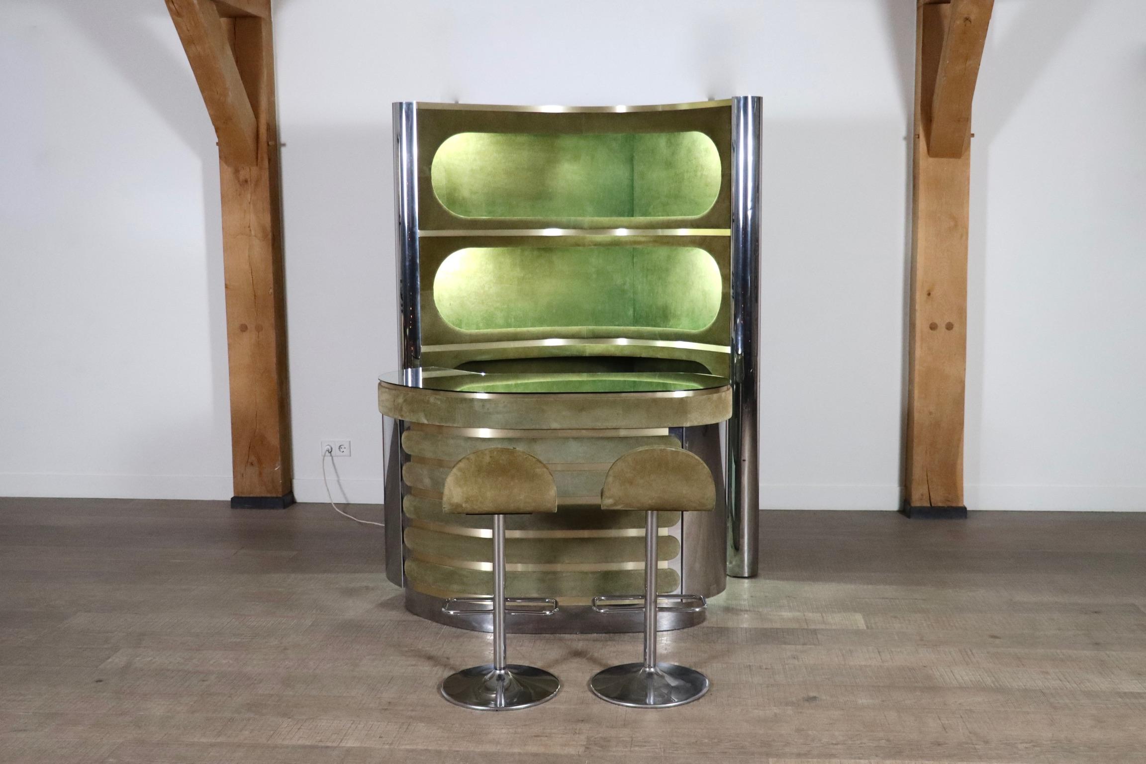 Suede And Chrome Dry Bar With Barstools In Olive Green, Willy Rizzo, Italy 1970s 2