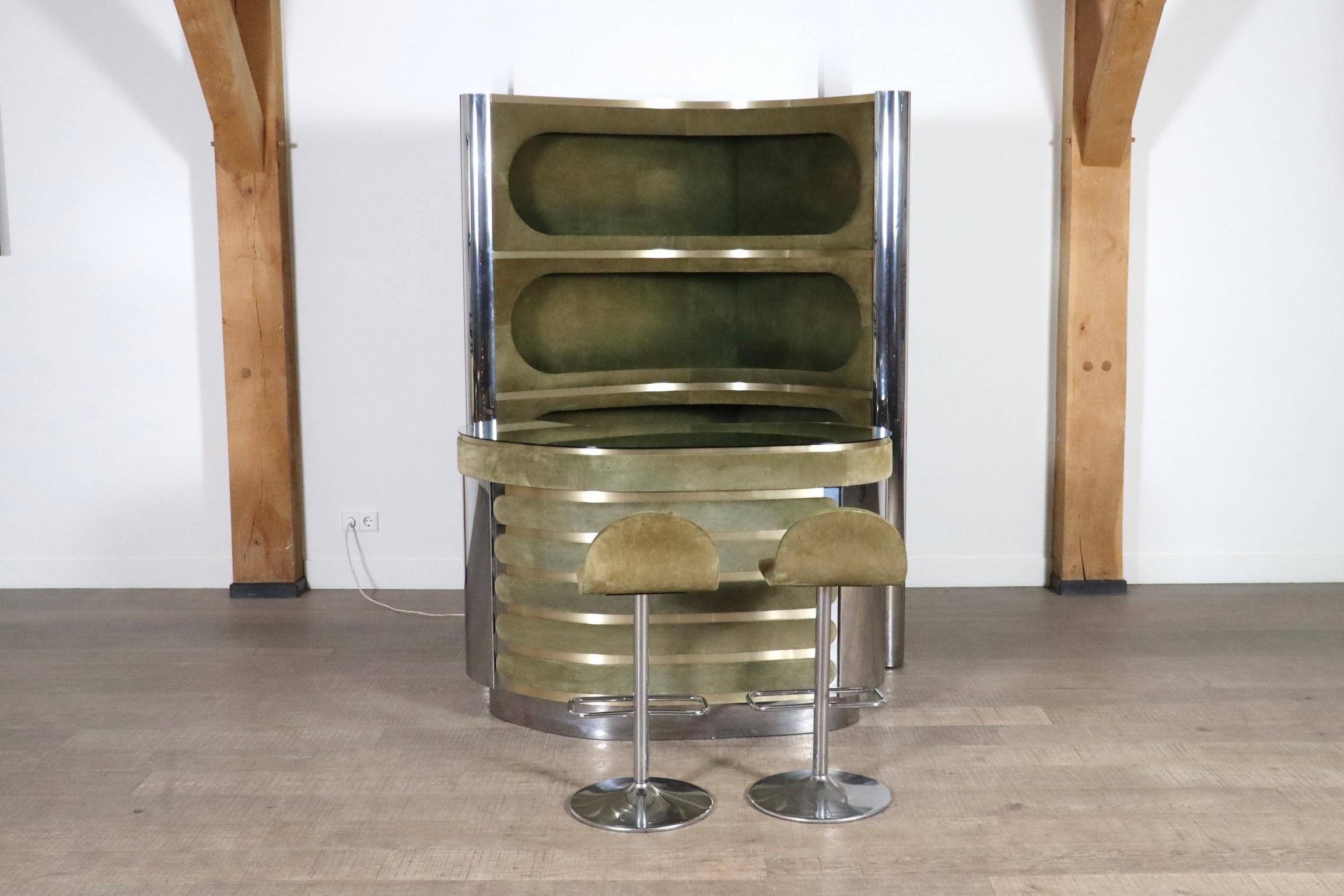 Suede And Chrome Dry Bar With Barstools In Olive Green, Willy Rizzo, Italy 1970s 3