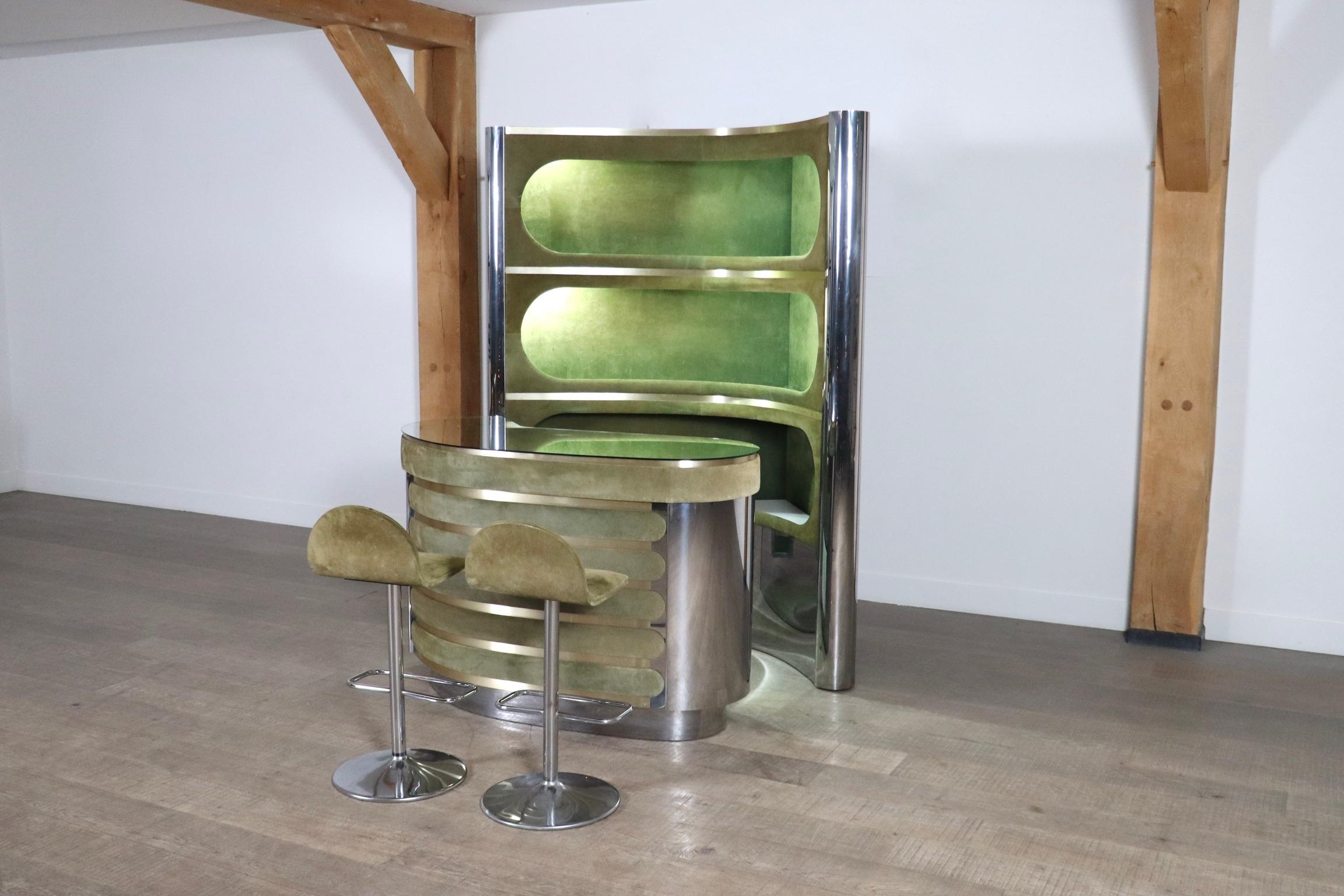 Suede And Chrome Dry Bar With Barstools In Olive Green, Willy Rizzo, Italy 1970s 4