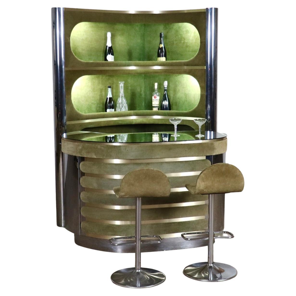 Suede And Chrome Dry Bar With Barstools In Olive Green, Willy Rizzo, Italy 1970s