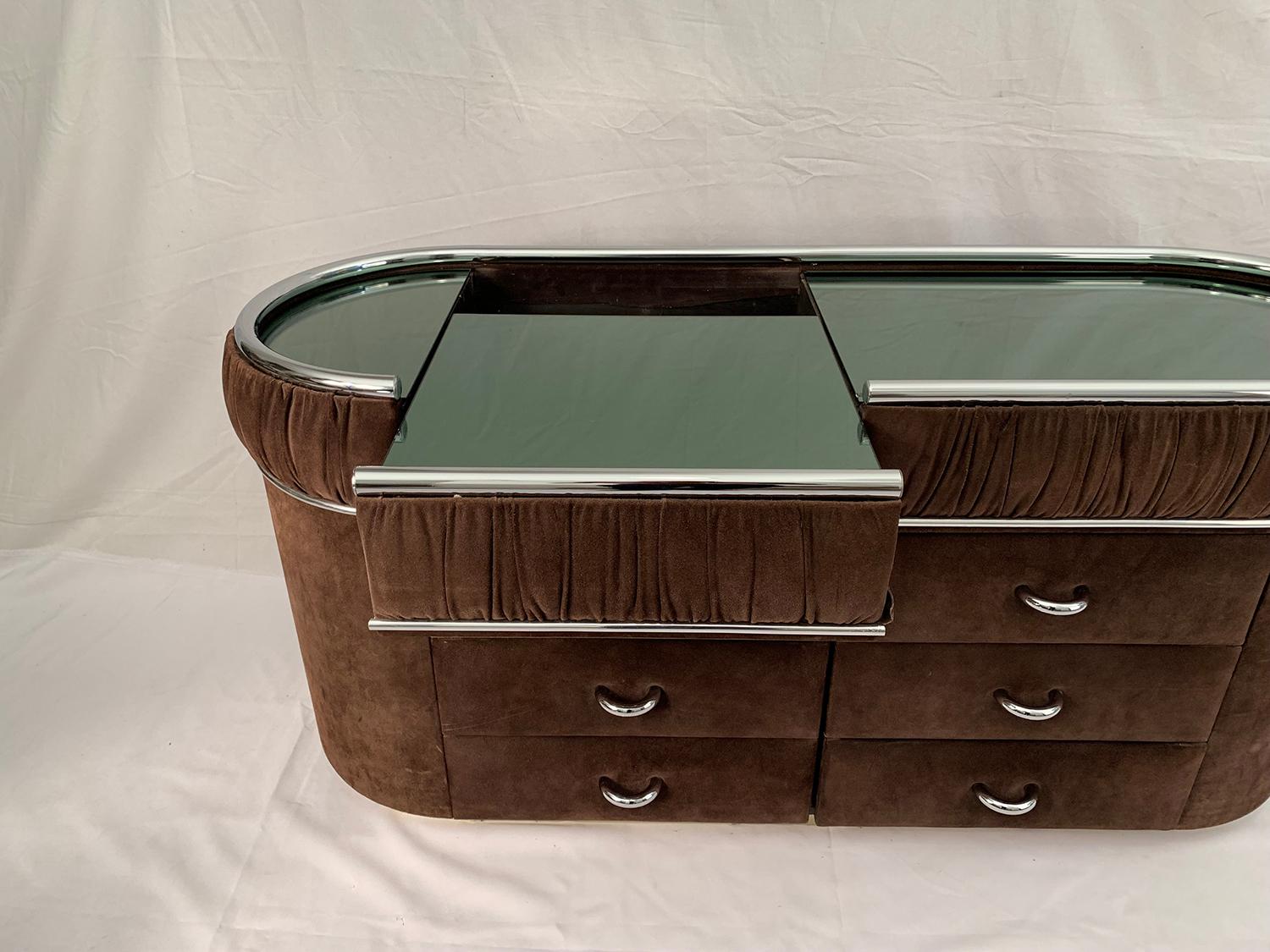 Mid-Century Modern Suede and Chrome Vanity Dressing Table, 1970s For Sale