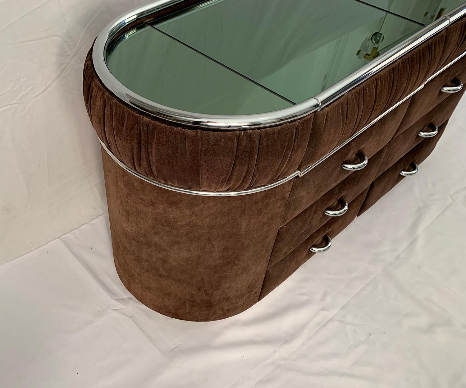 European Suede and Chrome Vanity Dressing Table, 1970s For Sale