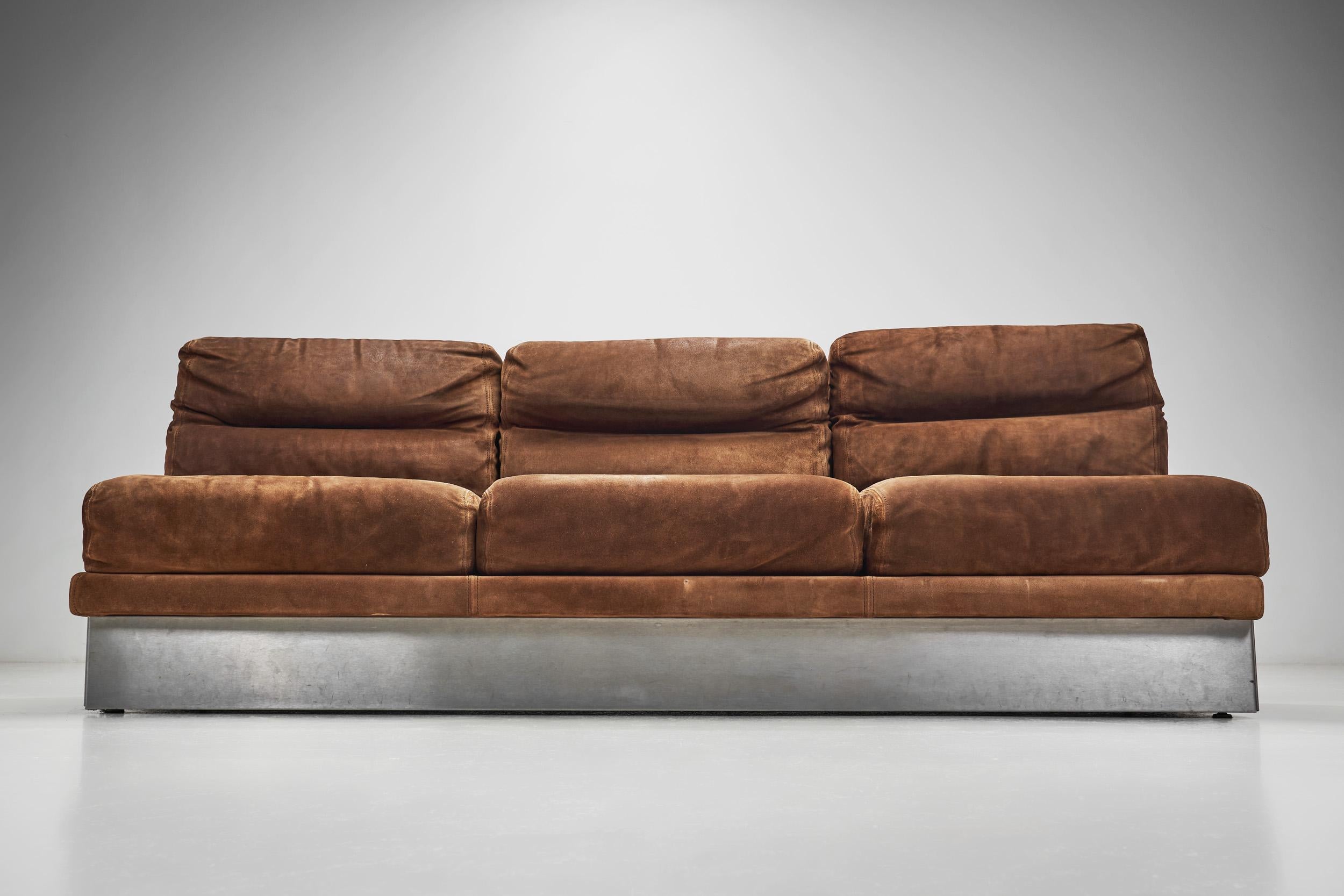 Suede and Steel Sofa by Jacques Charpentier (attr.), France 1970s For Sale 7