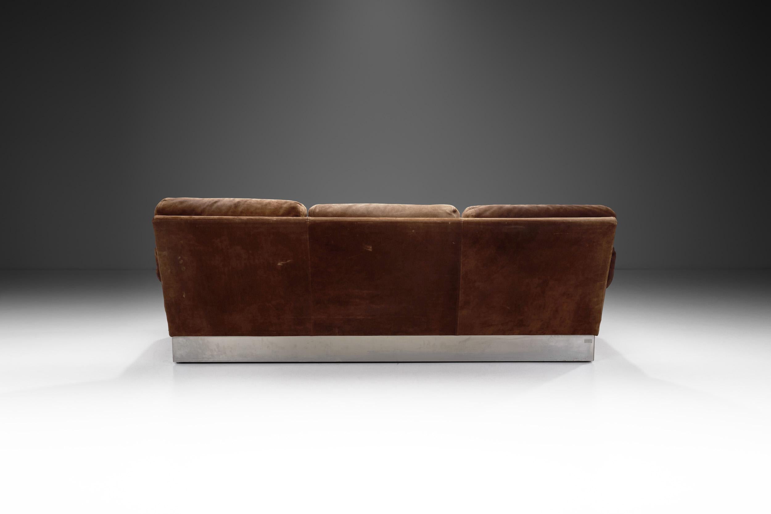 Brushed Suede and Steel Sofa by Jacques Charpentier (attr.), France 1970s For Sale