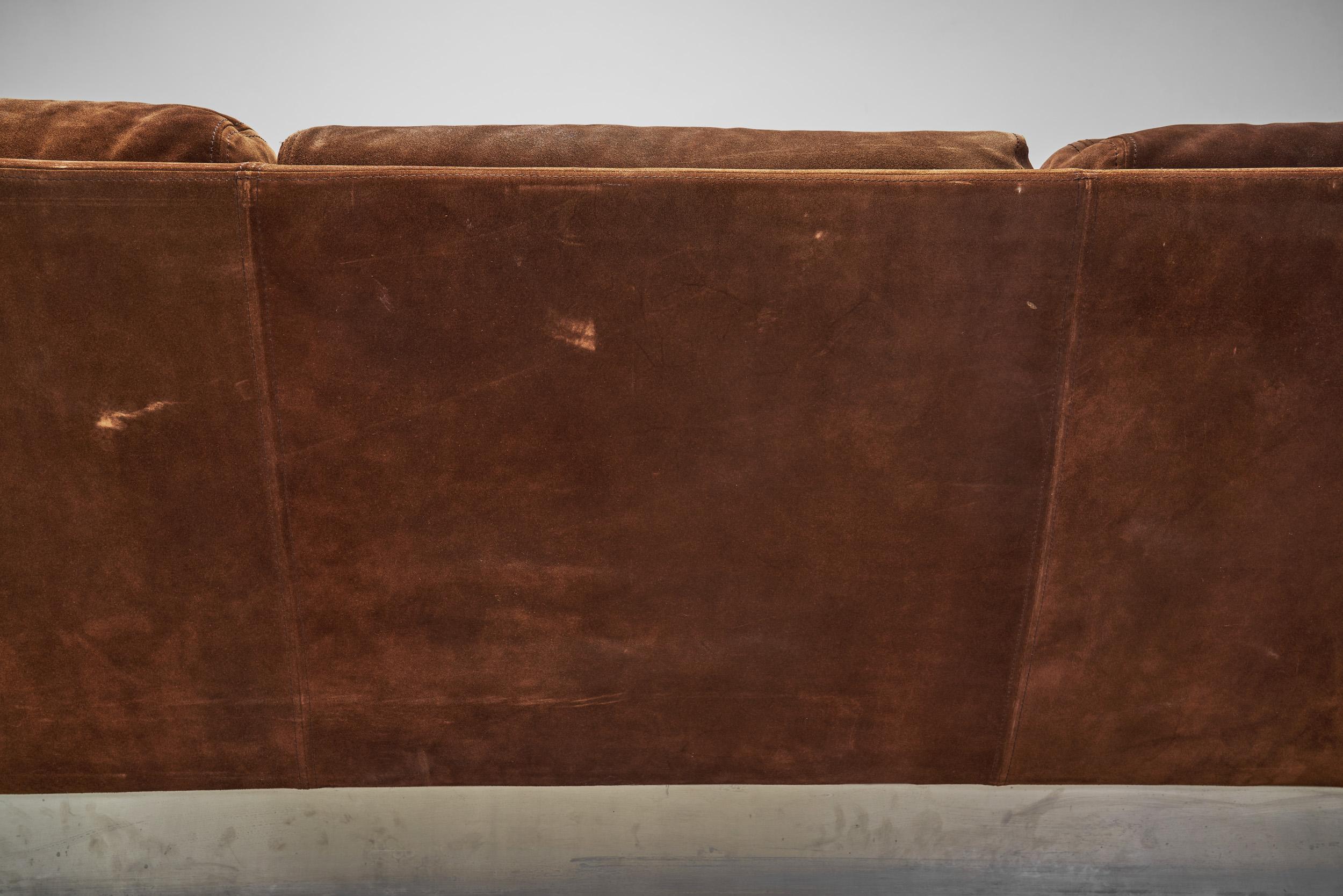 Late 20th Century Suede and Steel Sofa by Jacques Charpentier (attr.), France 1970s For Sale