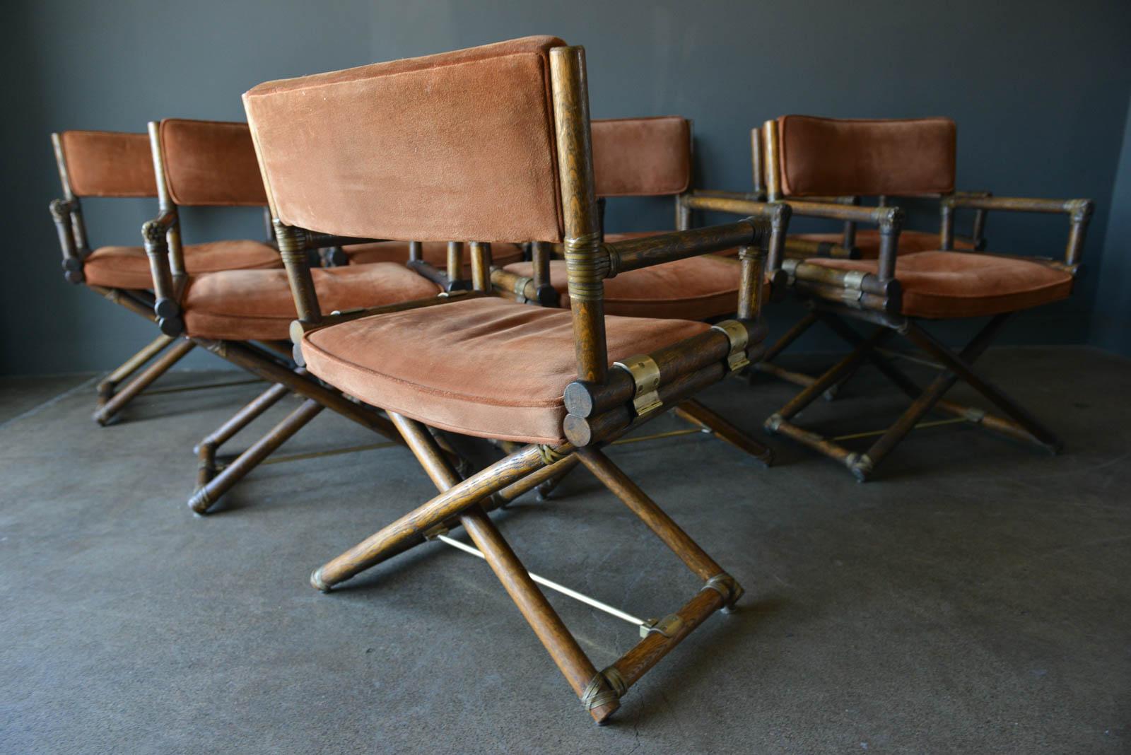 Mid-Century Modern Suede, Brass and Oak Directors Chairs by Lyda Levi for McGuire, circa 1960