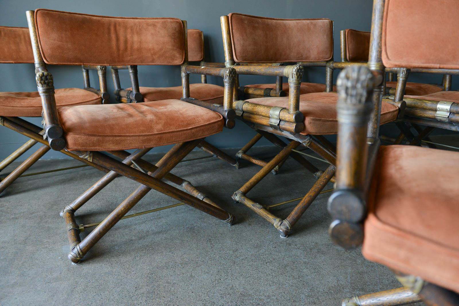 Suede, Brass and Oak Directors Chairs by Lyda Levi for McGuire, circa 1960 In Good Condition In Costa Mesa, CA