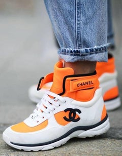 Suede Calfskin Lambskin Neoprene High Top CC Sneakers 40 White Fluo Orange