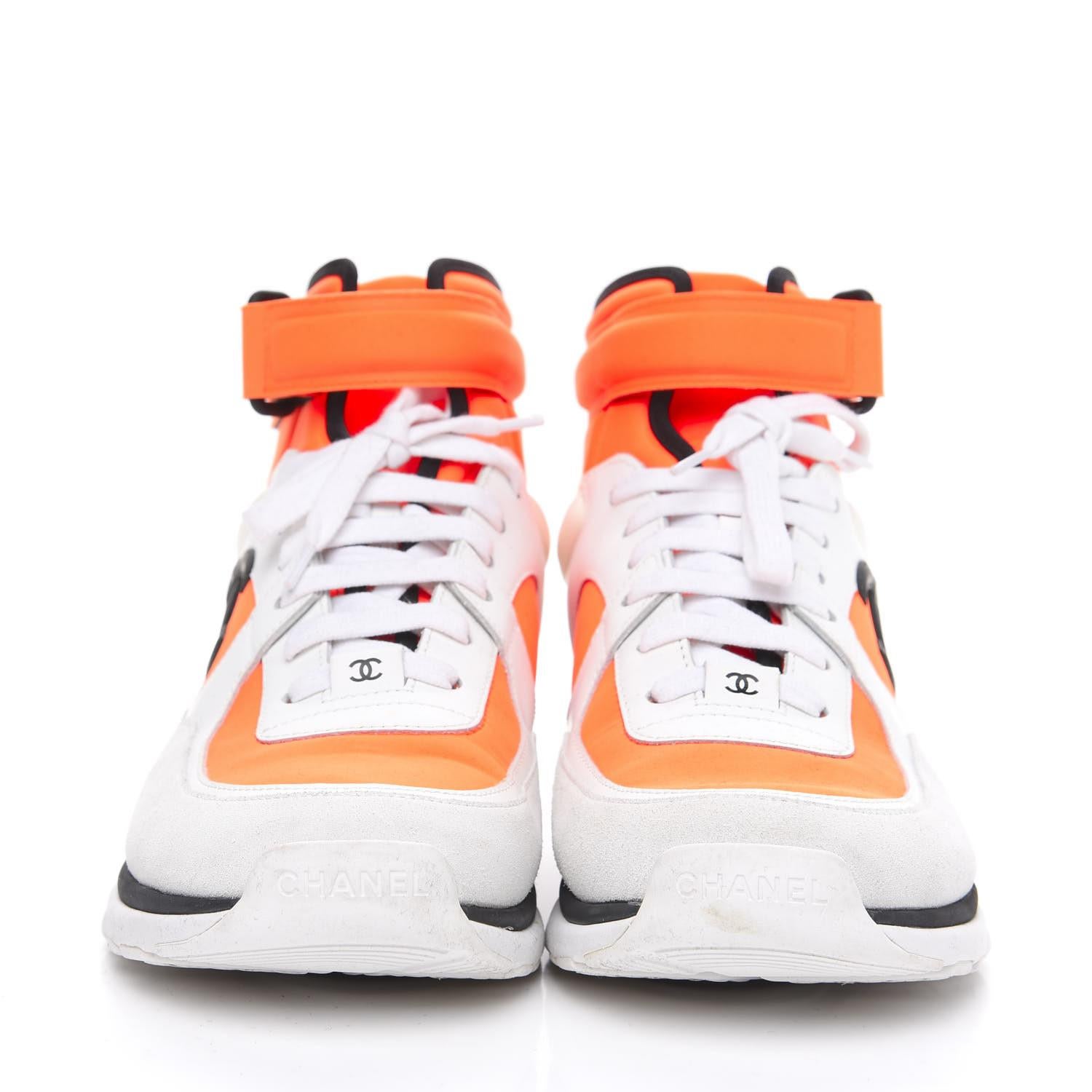 Women's Suede Calfskin Lambskin Neoprene High Top CC Sneakers 40 White Fluo Orange For Sale
