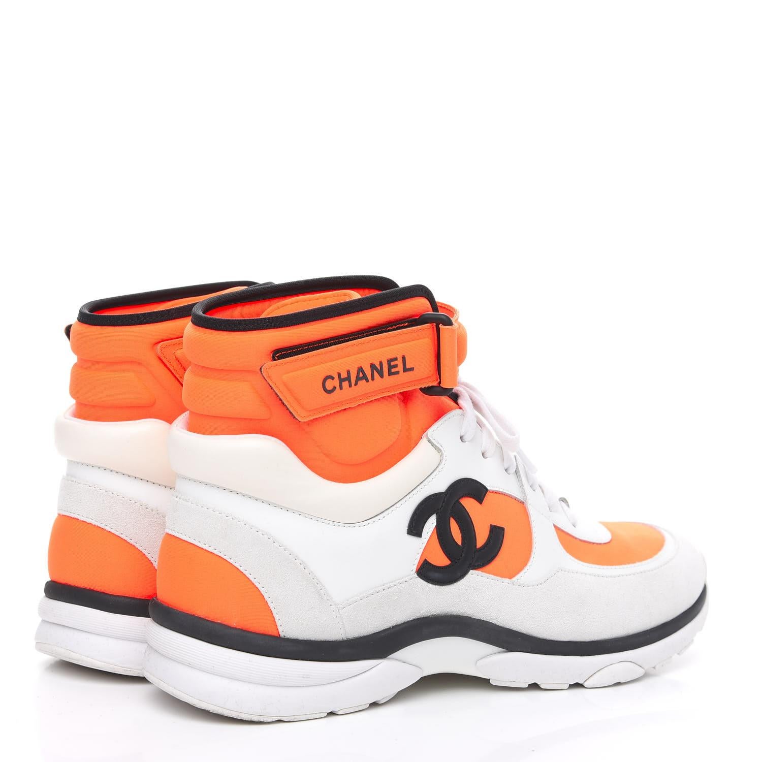 Suede Calfskin Lambskin Neoprene High Top CC Sneakers 40 White Fluo Orange For Sale 1