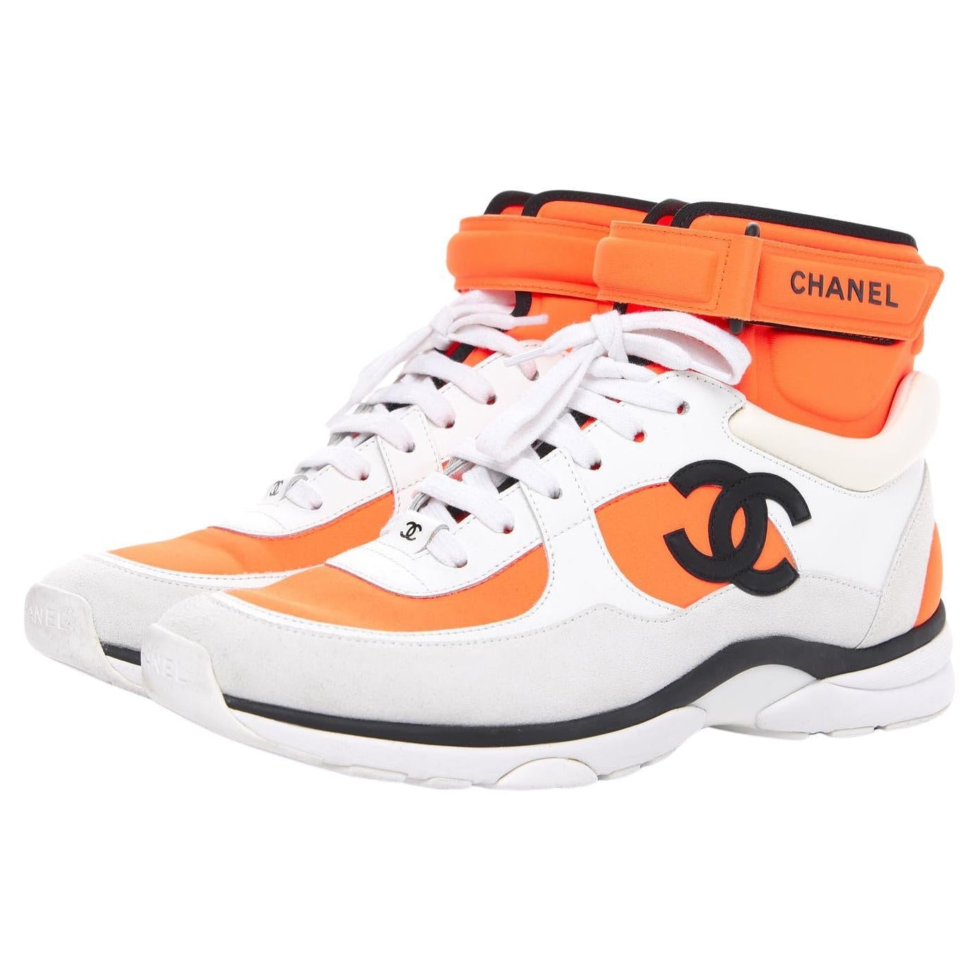 Suede Calfskin Lambskin Neoprene High Top CC Sneakers 40 White Fluo Orange For Sale