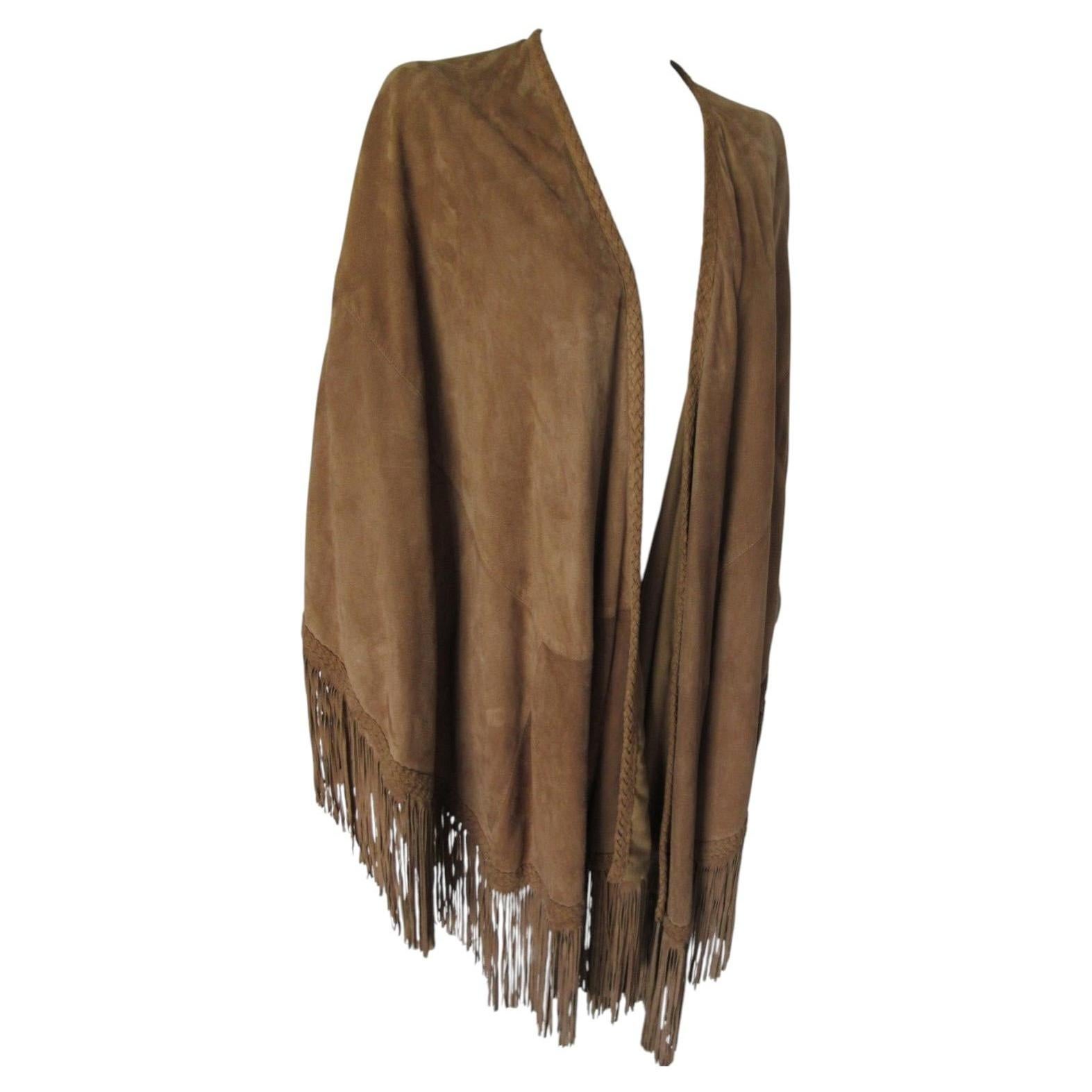 Suede Fringed Leather Cape Unisex, Camel Brown