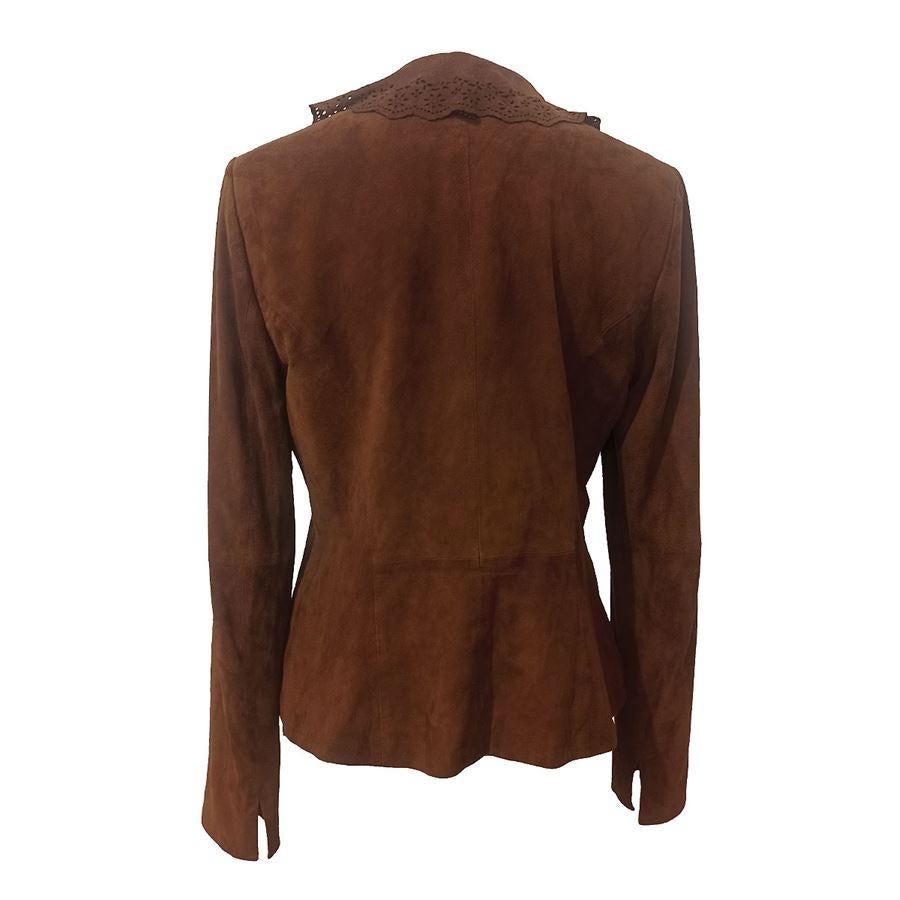Suede Brown color Buttons closure Lasered details Length shoulder/hem cm 54 (2125 inches) Shoulder cm 39 (1535 inches)
