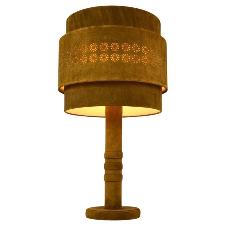 Suede Leather and Brass 1960's Table Lamp in Moss Green
