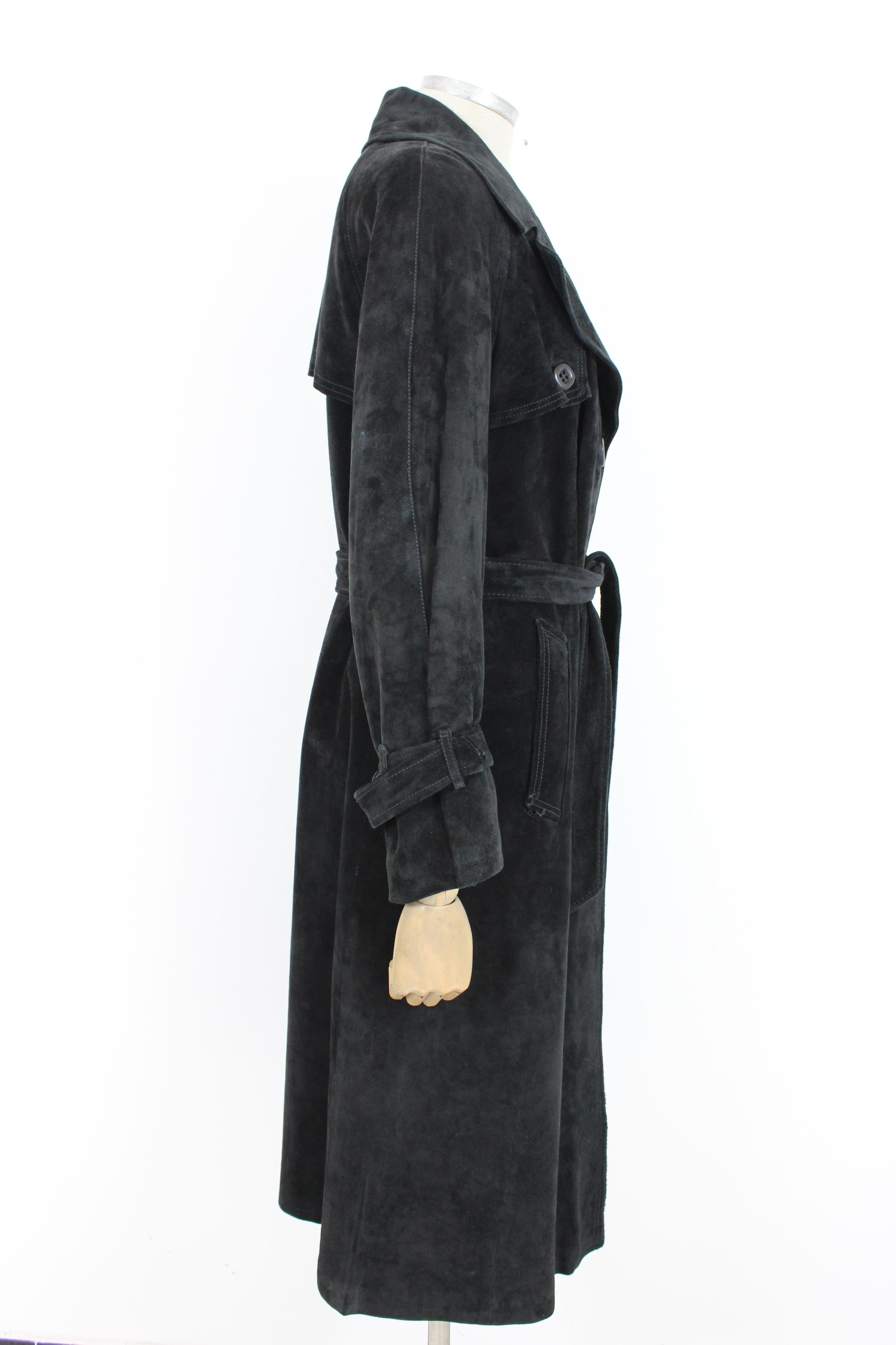 Suede Leather Black Vintage Trench Coat In Excellent Condition In Brindisi, Bt