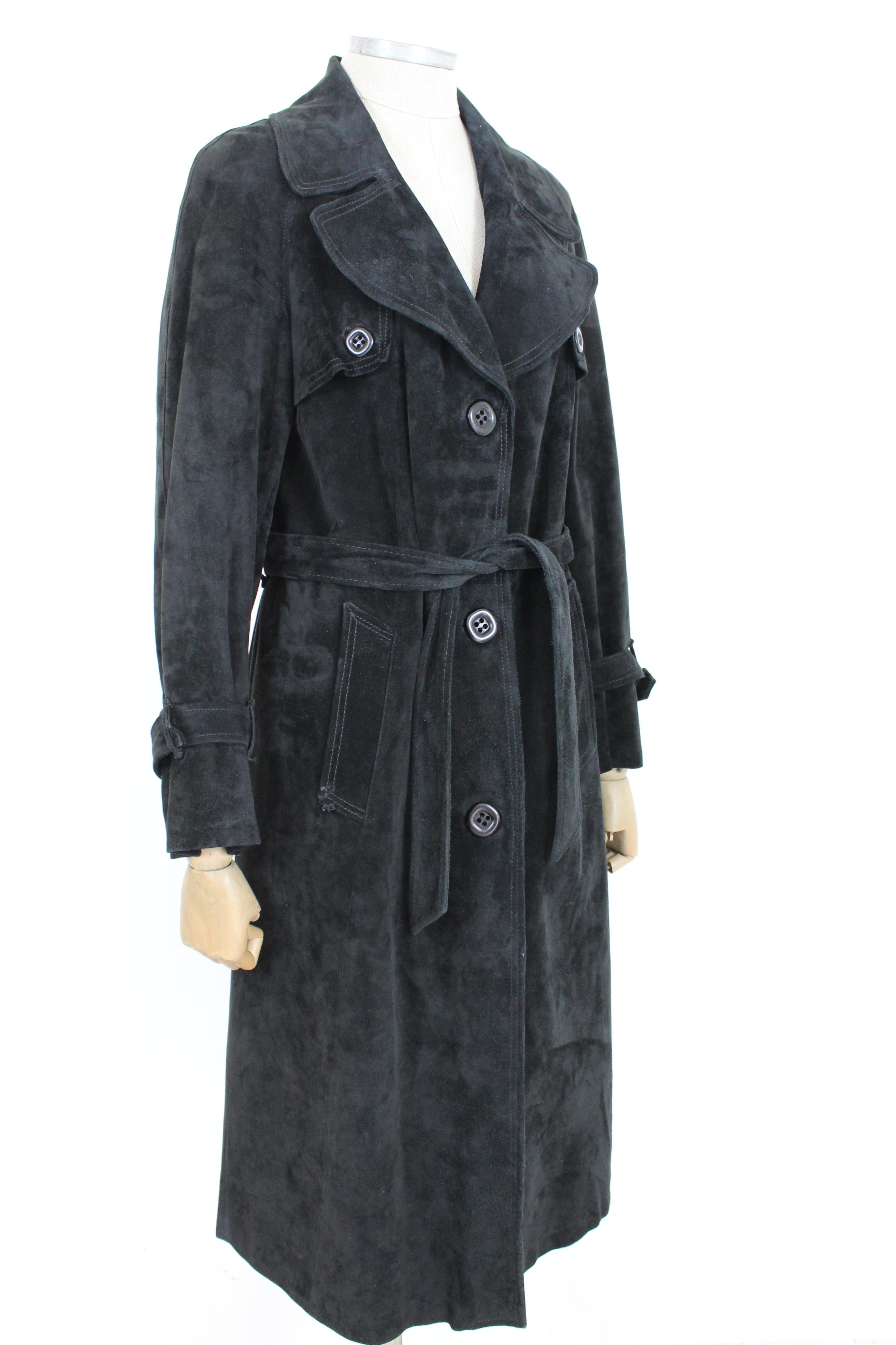 Women's Suede Leather Black Vintage Trench Coat