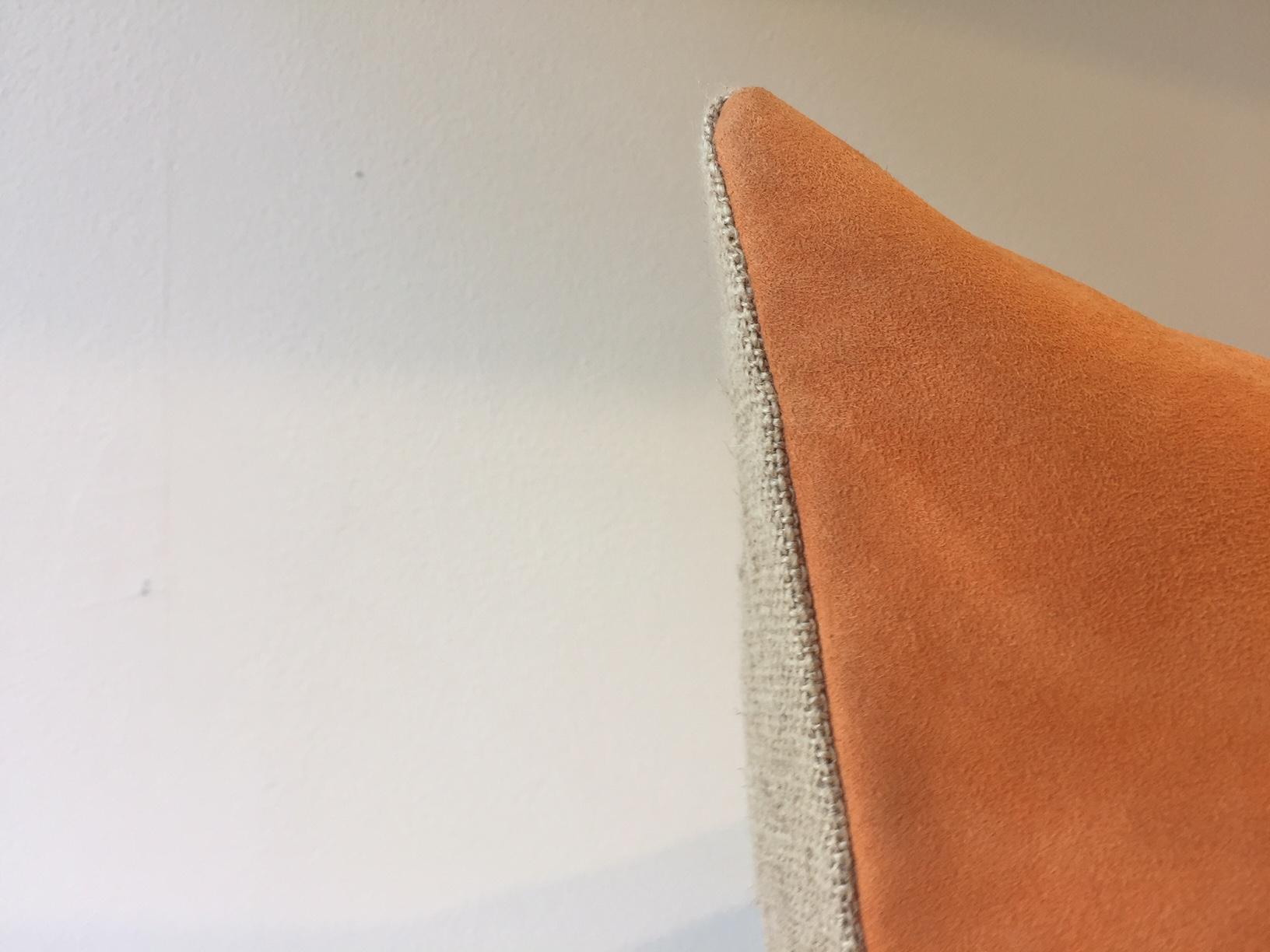 Modern Suede Leather Cushion Color Mandarine Hand Saddle Stitched Rhombus Detail For Sale
