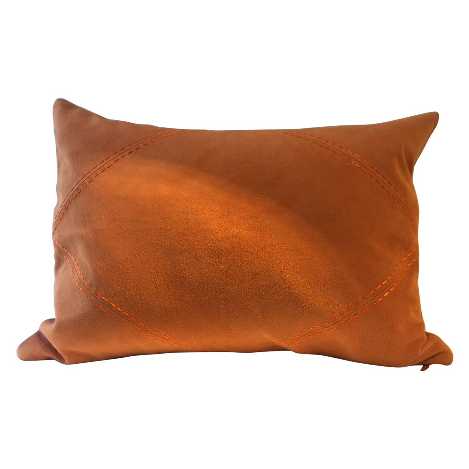Suede Leather Cushion Color Mandarine Hand Saddle Stitched Rhombus Detail  For Sale at 1stDibs