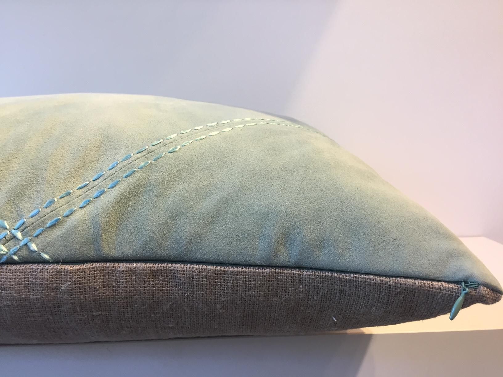 Modern Suede Leather Cushion Color Sea Foam Green Hand Saddle Stitched Rhombus Detail For Sale