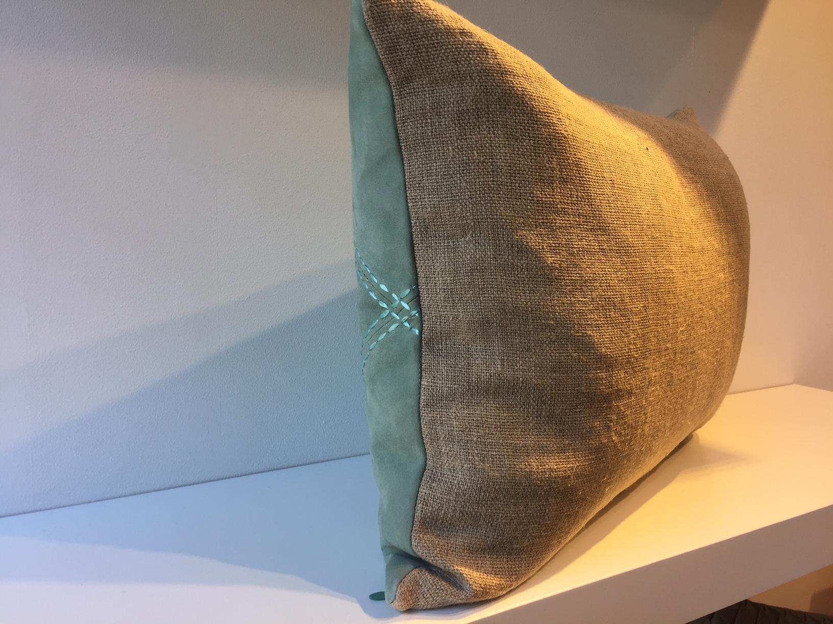 Suede Leather Cushion Color Sea Foam Green Hand Saddle Stitched Rhombus Detail In Good Condition For Sale In Hamburg, DE