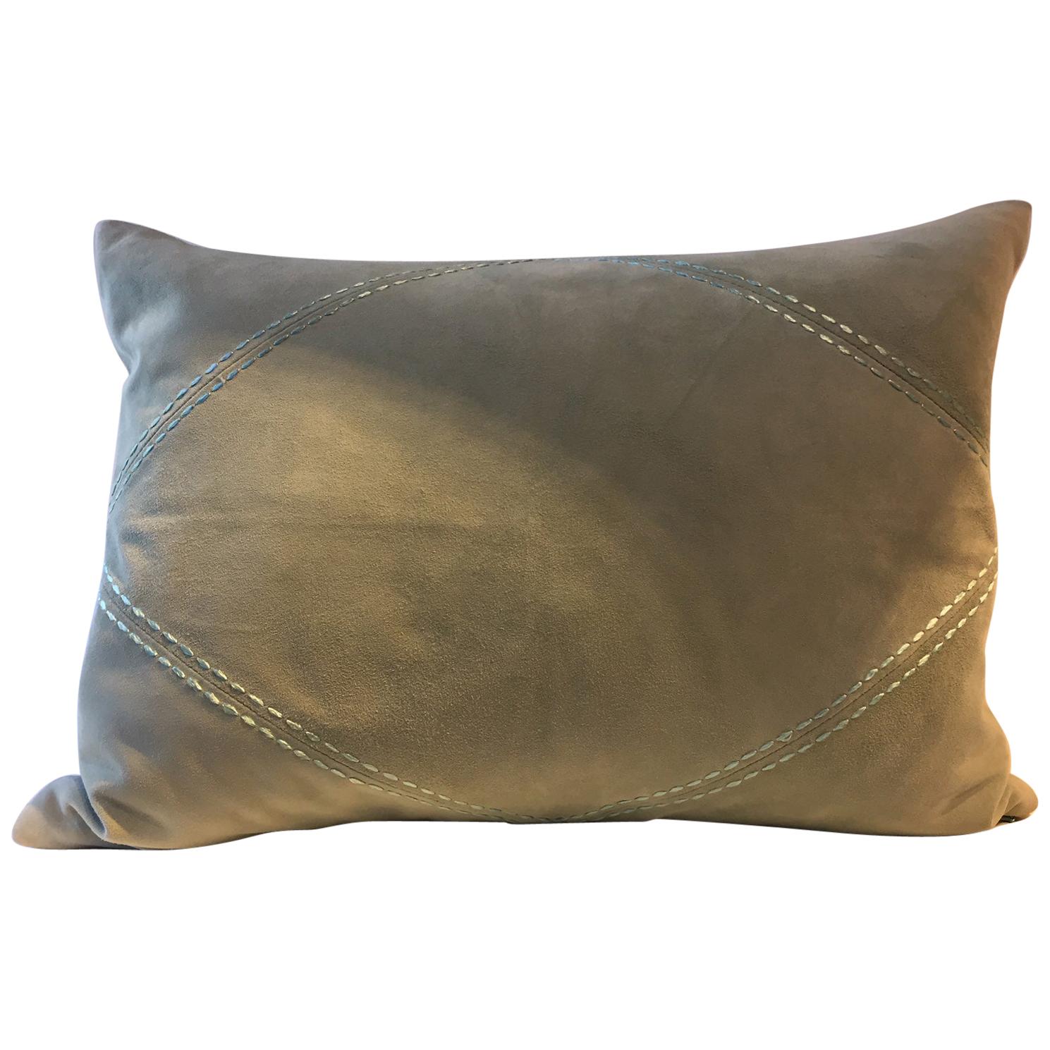 Suede Leather Cushion Color Sea Foam Green Hand Saddle Stitched Rhombus Detail