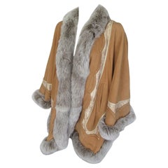 Suede Leather Fox Fur Swing Cape