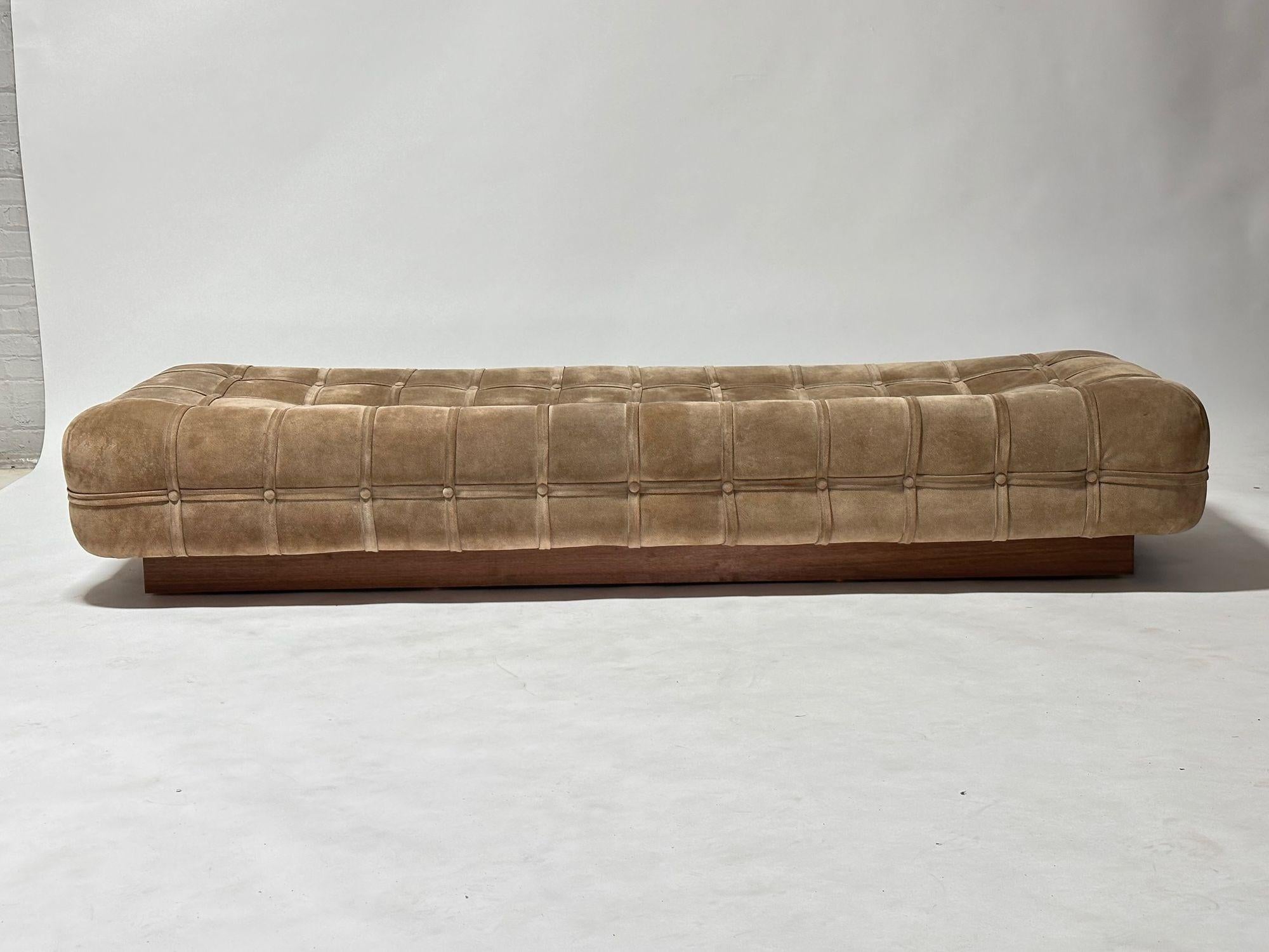 Suede Marshmallow Pouf Bench/ Daybed on Walnut Plinth Base, 1970. With suede strapping. Mfg by Helikon.