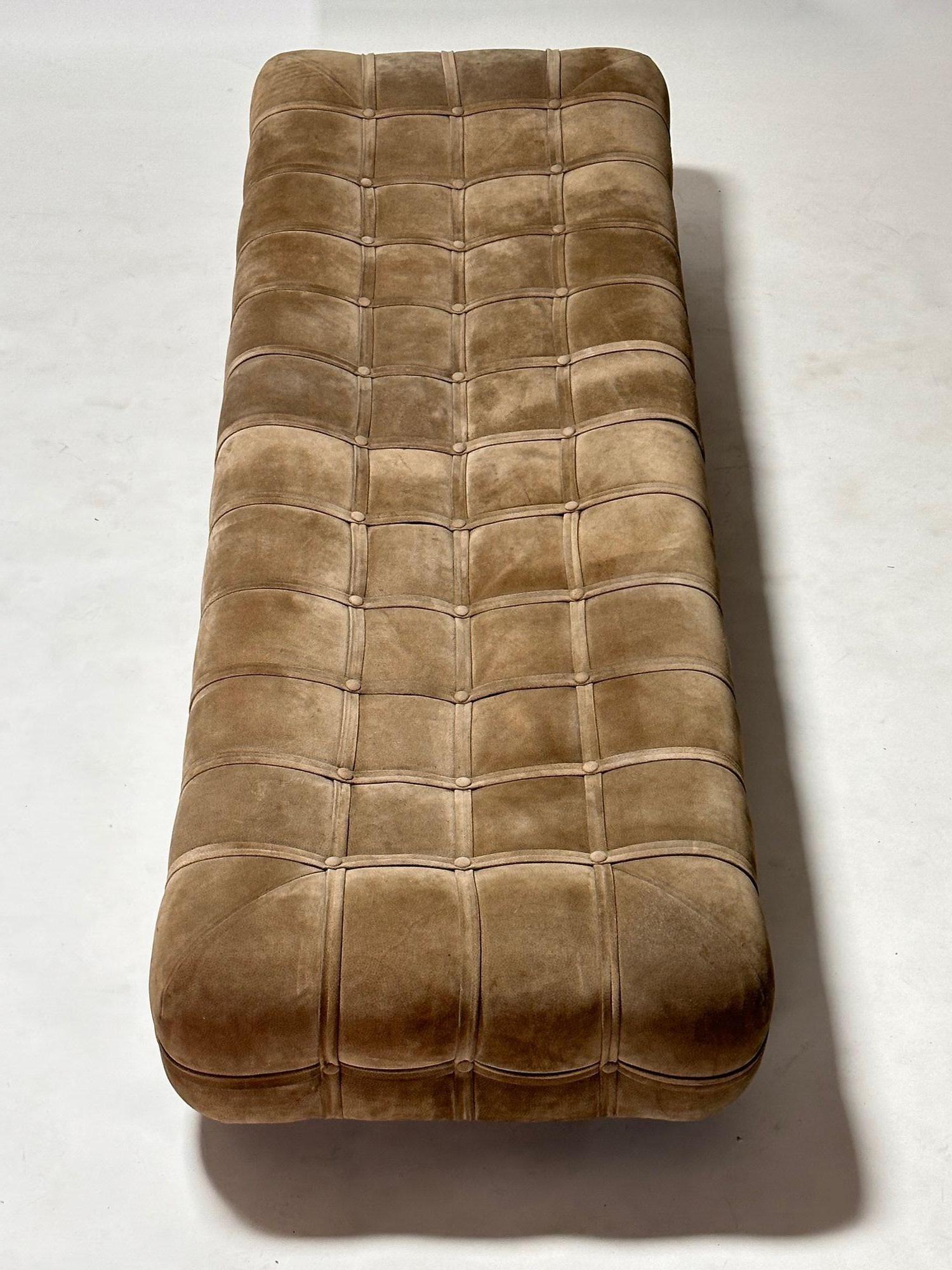 American Suede Marshmallow Pouf Bench/ Daybed on Walnut Plinth Base, 1970 For Sale