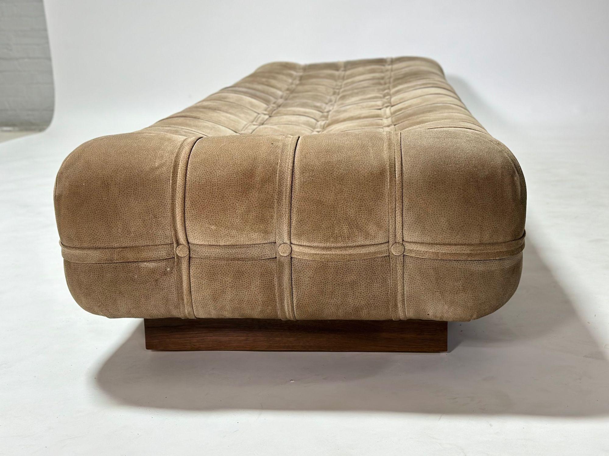 Suede Marshmallow Pouf Bench/ Daybed on Walnut Plinth Base, 1970 In Good Condition For Sale In Chicago, IL