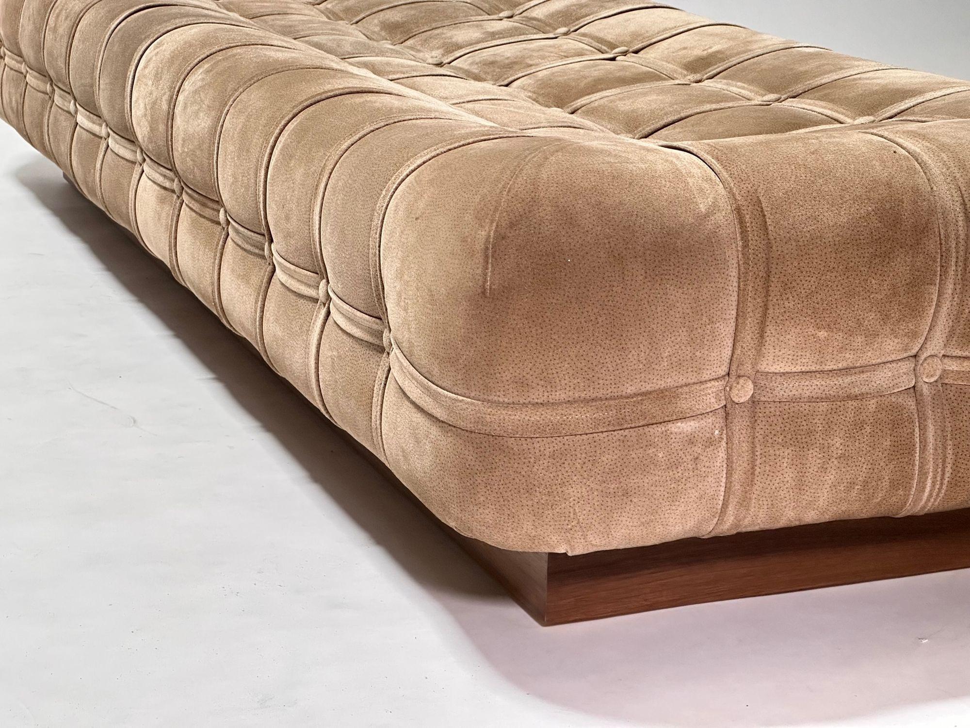 Late 20th Century Suede Marshmallow Pouf Bench/ Daybed on Walnut Plinth Base, 1970 For Sale