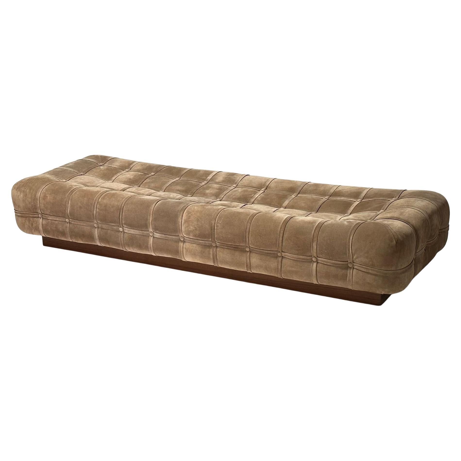 Suede Marshmallow Pouf Bench/ Daybed on Walnut Plinth Base, 1970 For Sale