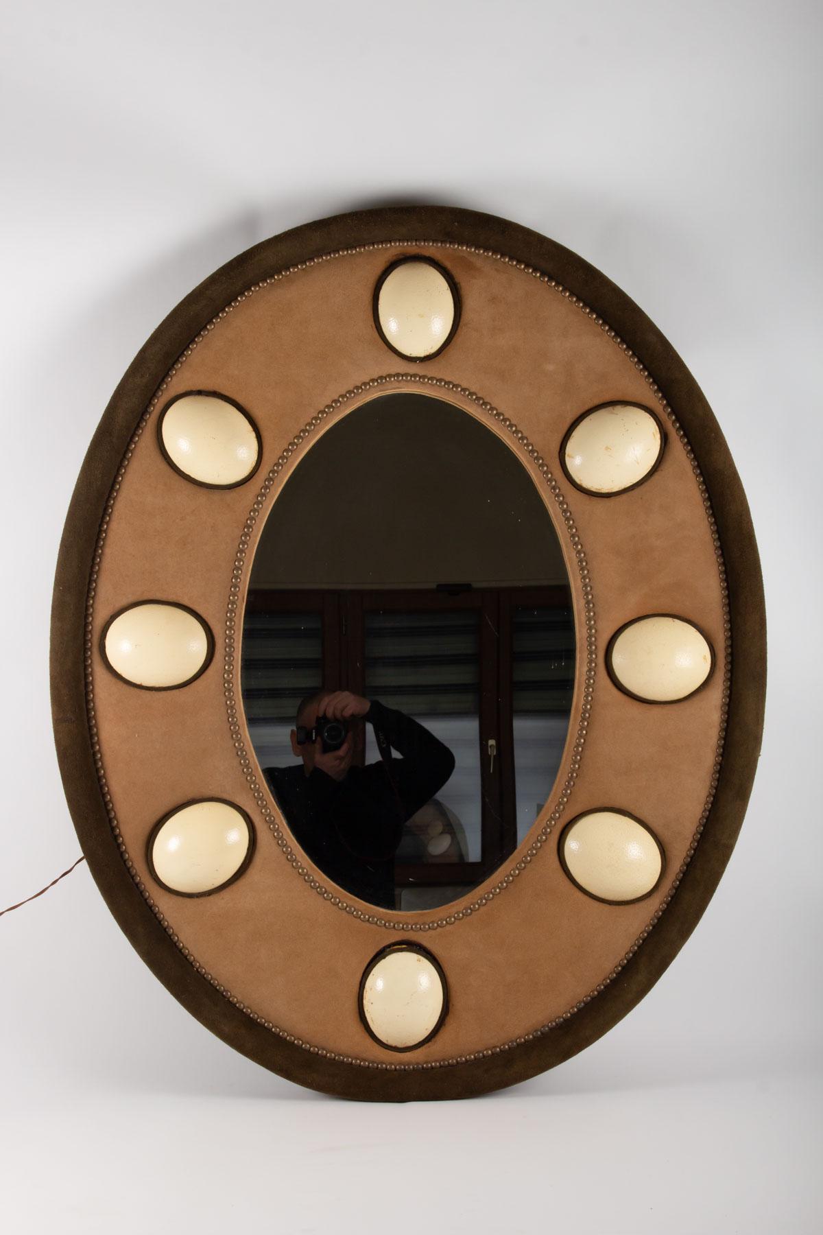 Suede Mirror and Egg Ostrich Midcentury 20th Century, Ostrich Eggs Enlight In Good Condition In Saint-Ouen, FR