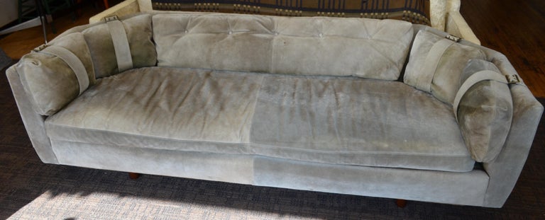 Suede Sofa Couch of Olive Color with Brass Buckles ... (1) sofa w/ottoman for sale.