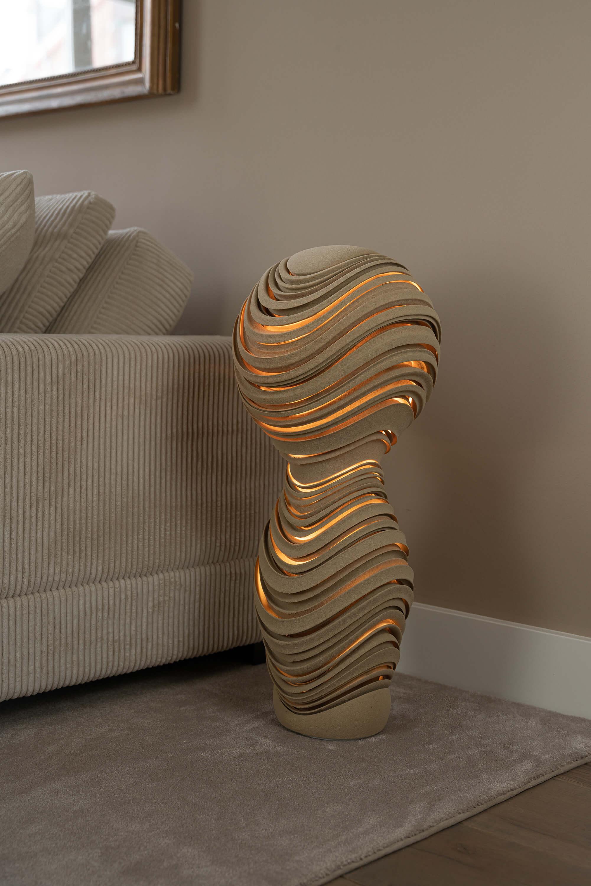 Organic Modern Suede Table Lamp, 3D-Printed Sand, Sculptural Organic, Unique Ambient Lighting For Sale