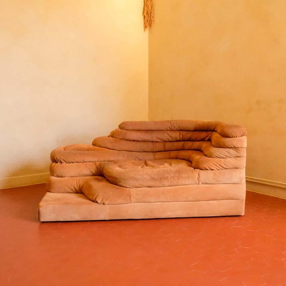 Arts and Crafts Suede Terrazza Sofa, 70's For Sale