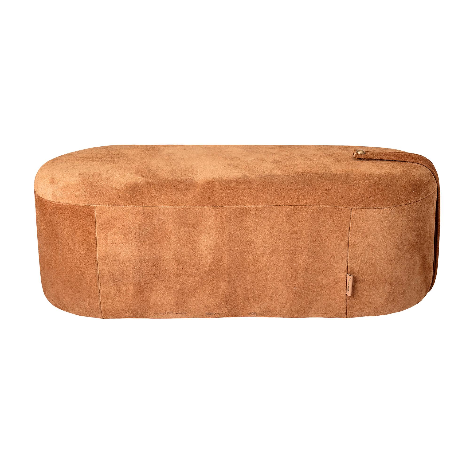 Cognac brown suede capsule shaped ottoman pour bench. 100% leather top-stitched upholstery with side detail. Modern and clean.