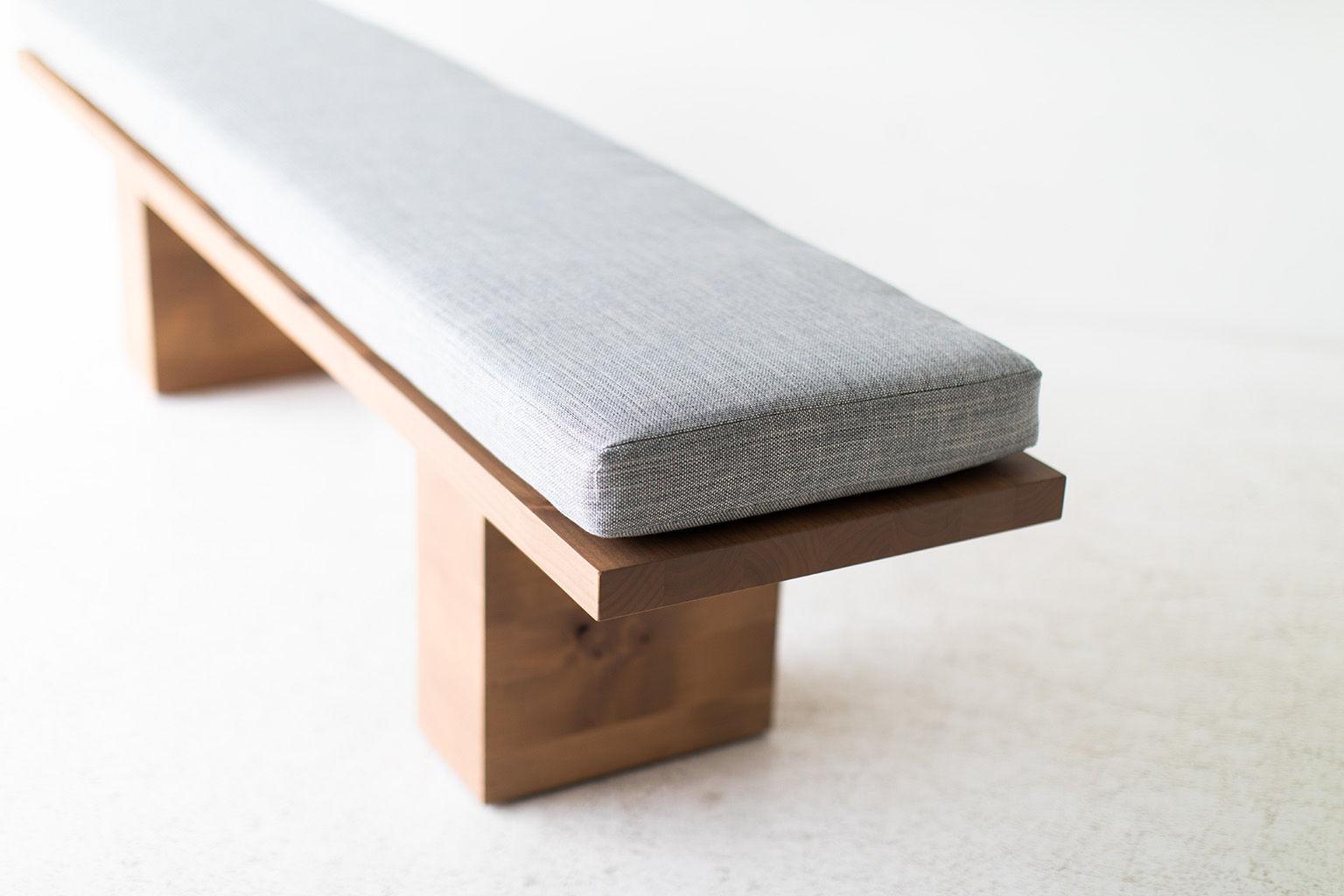 This Suelo® Modern bench is beautifully constructed from solid wood in Ohio, USA. This silhouette is simple, modern, and sleek, topped with a comfortable cushion. This is the perfect bench for any space, indoor or outdoor. The Suelo® Collection