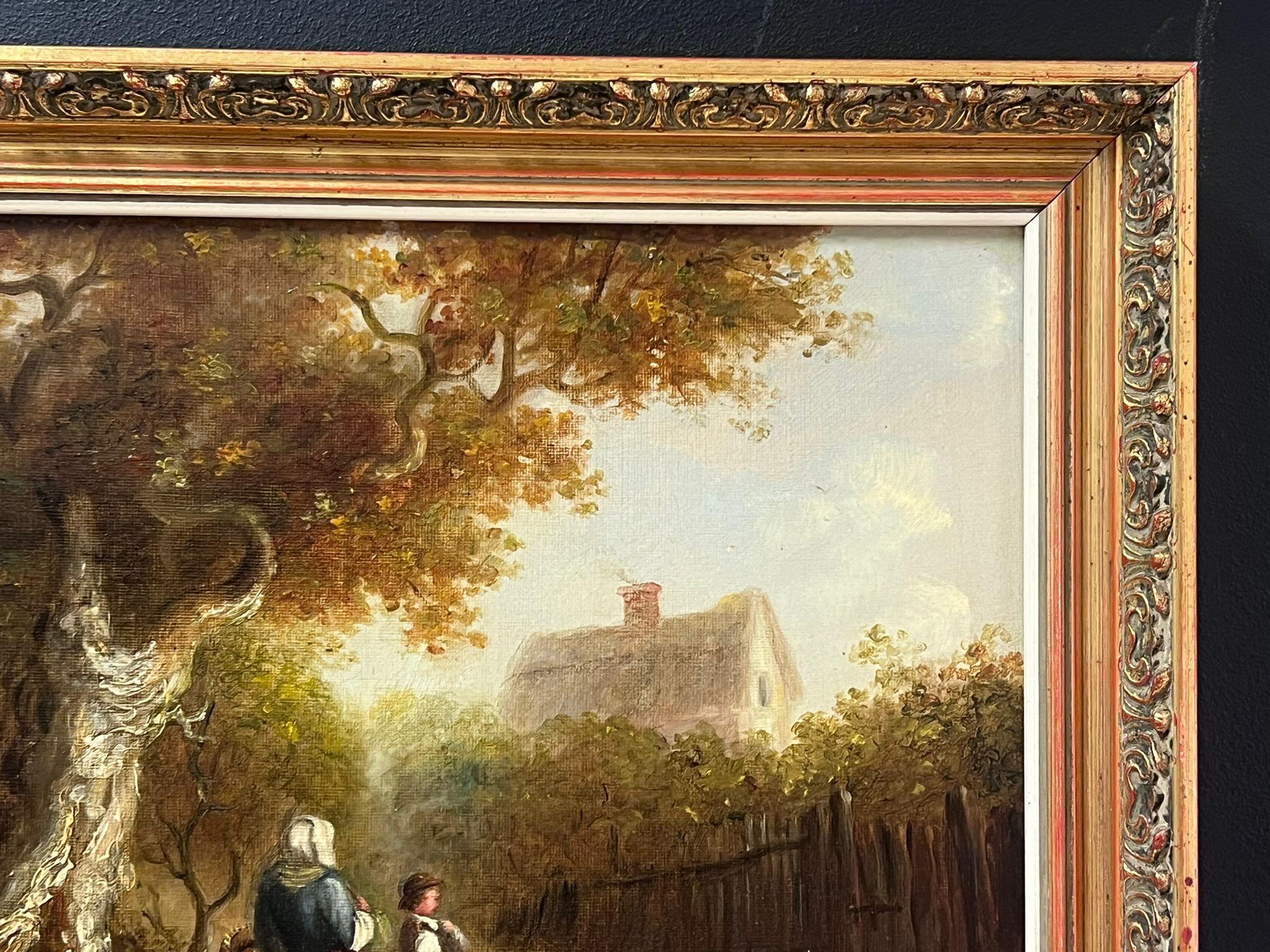 Pittura a olio della scuola di Suffolk del XIX secolo Figure in un bosco rurale Lane's in vendita 5