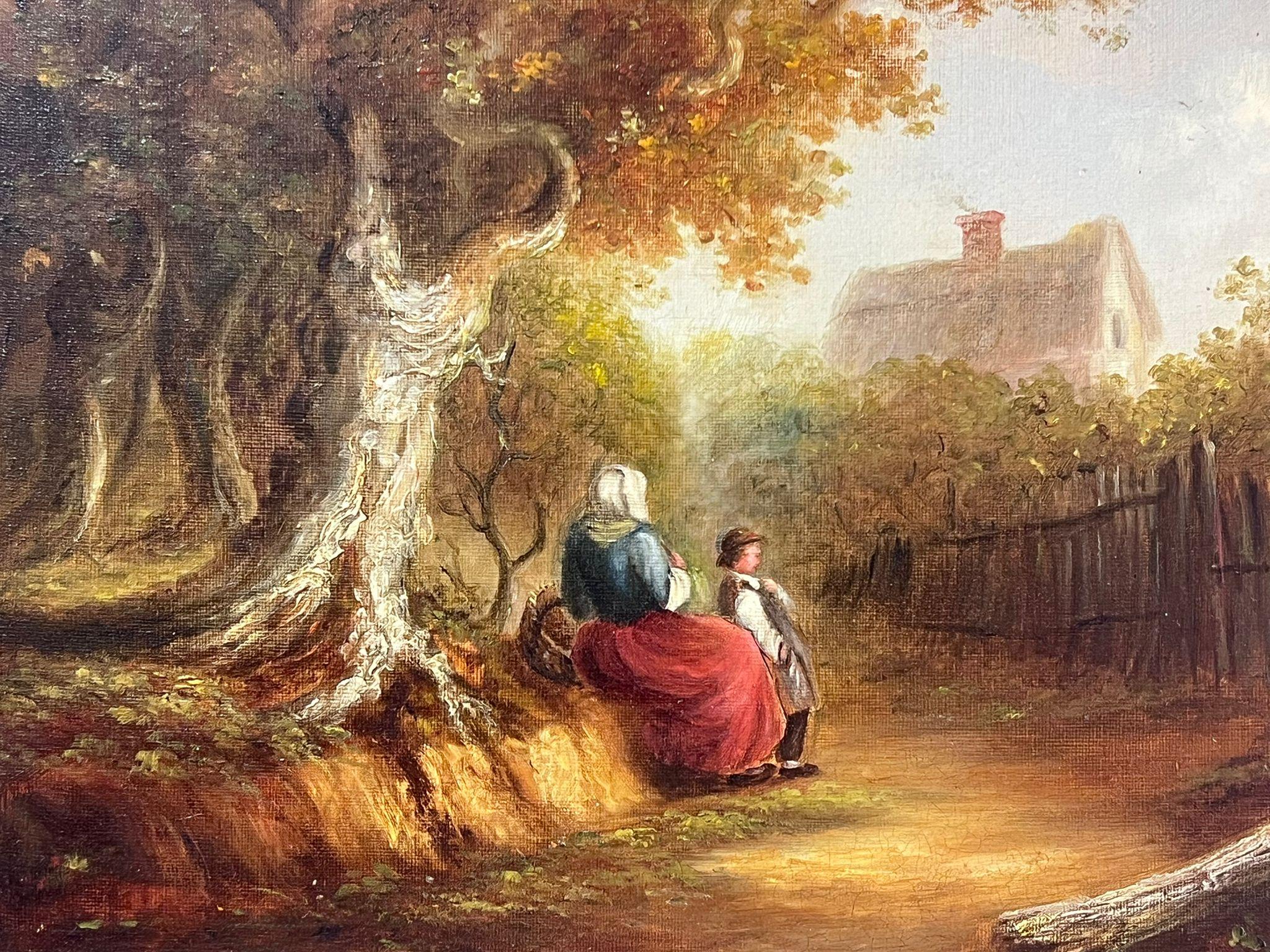Pittura a olio della scuola di Suffolk del XIX secolo Figure in un bosco rurale Lane's in vendita 6