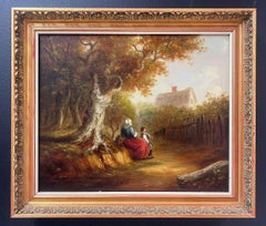 19th Century Suffolk School Oil Painting Figures in Rural Woodland Lane