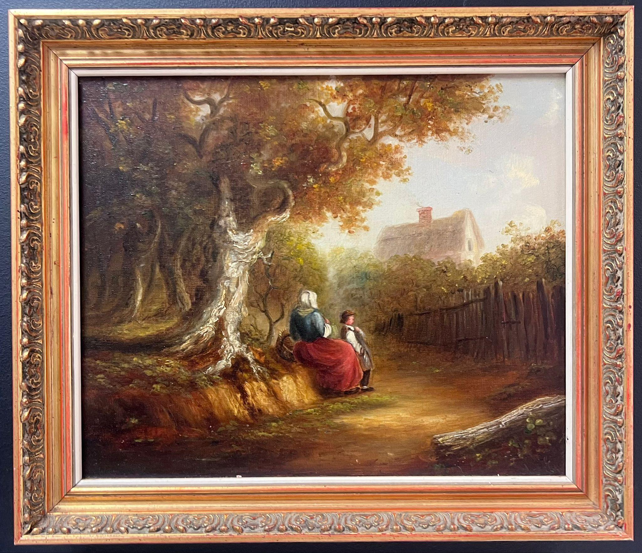 Pittura a olio della scuola di Suffolk del XIX secolo Figure in un bosco rurale Lane's - Painting Vittoriano di Suffolk School