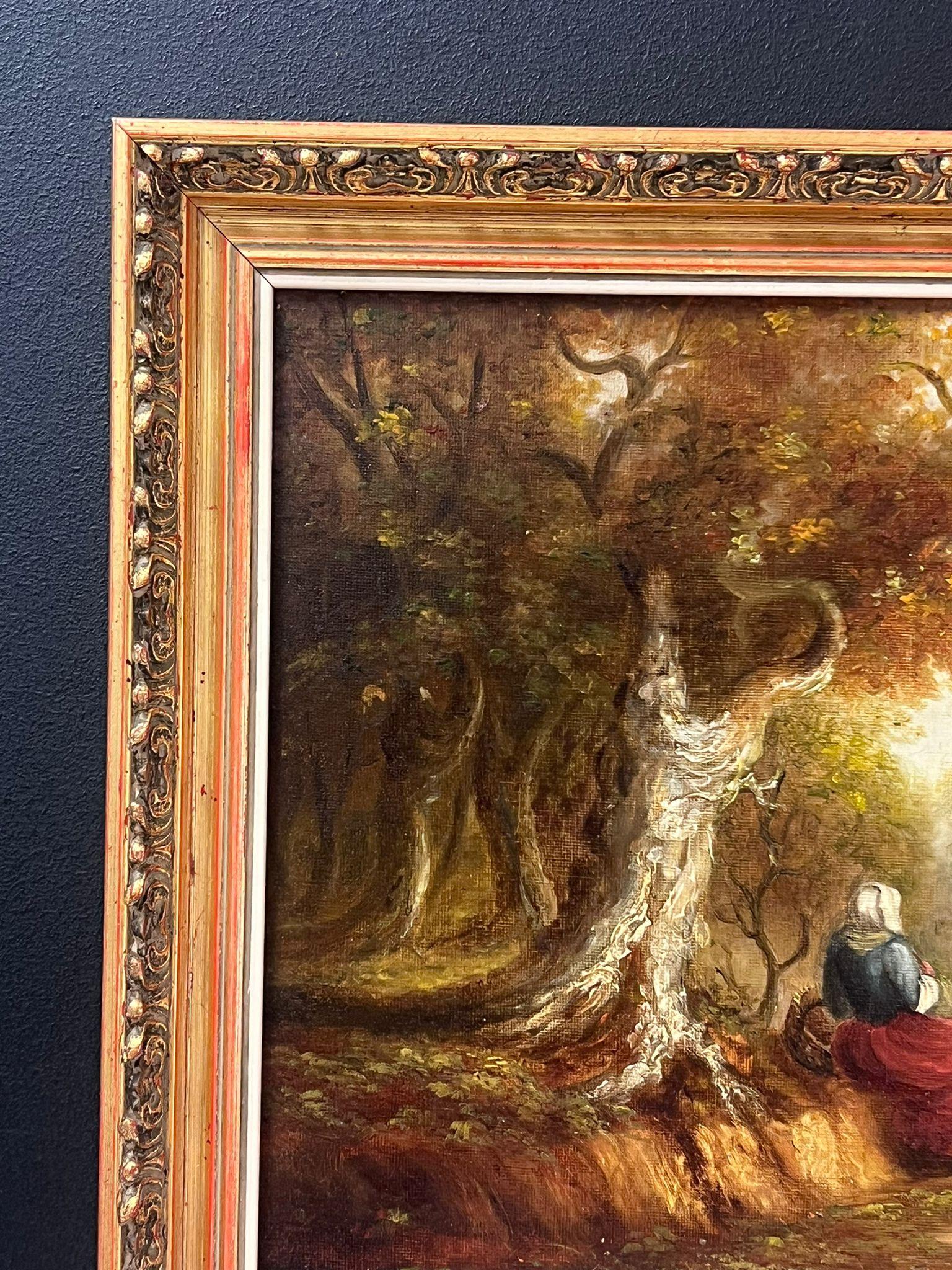 Pittura a olio della scuola di Suffolk del XIX secolo Figure in un bosco rurale Lane's in vendita 1