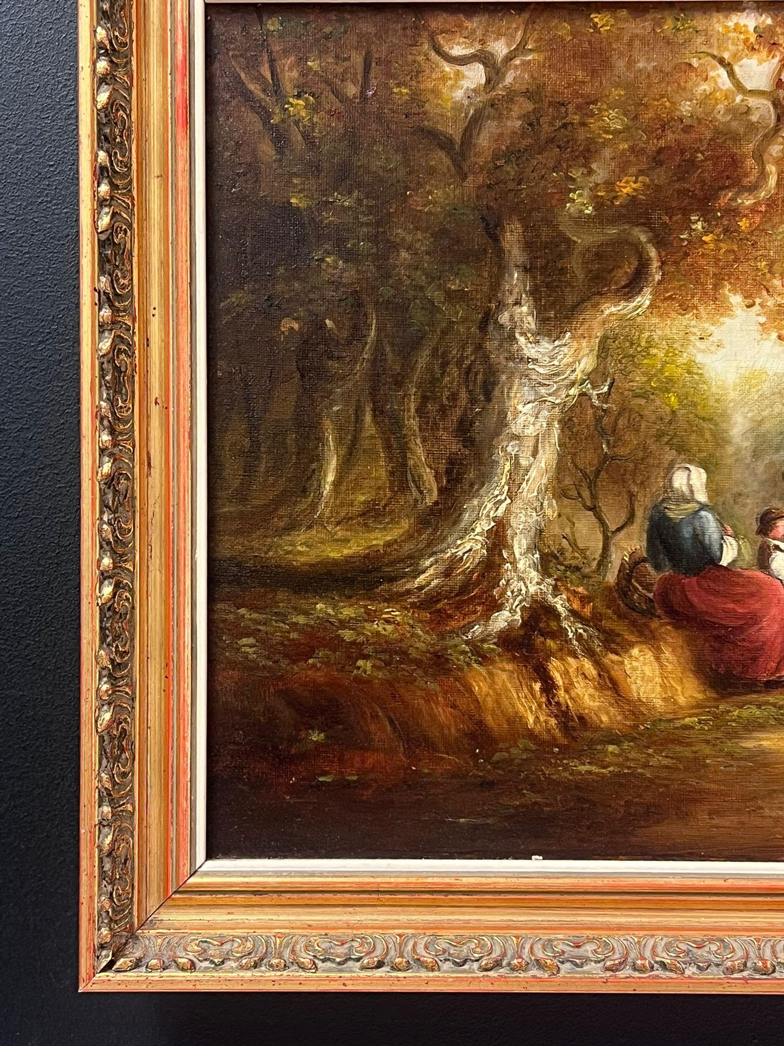 Pittura a olio della scuola di Suffolk del XIX secolo Figure in un bosco rurale Lane's in vendita 2