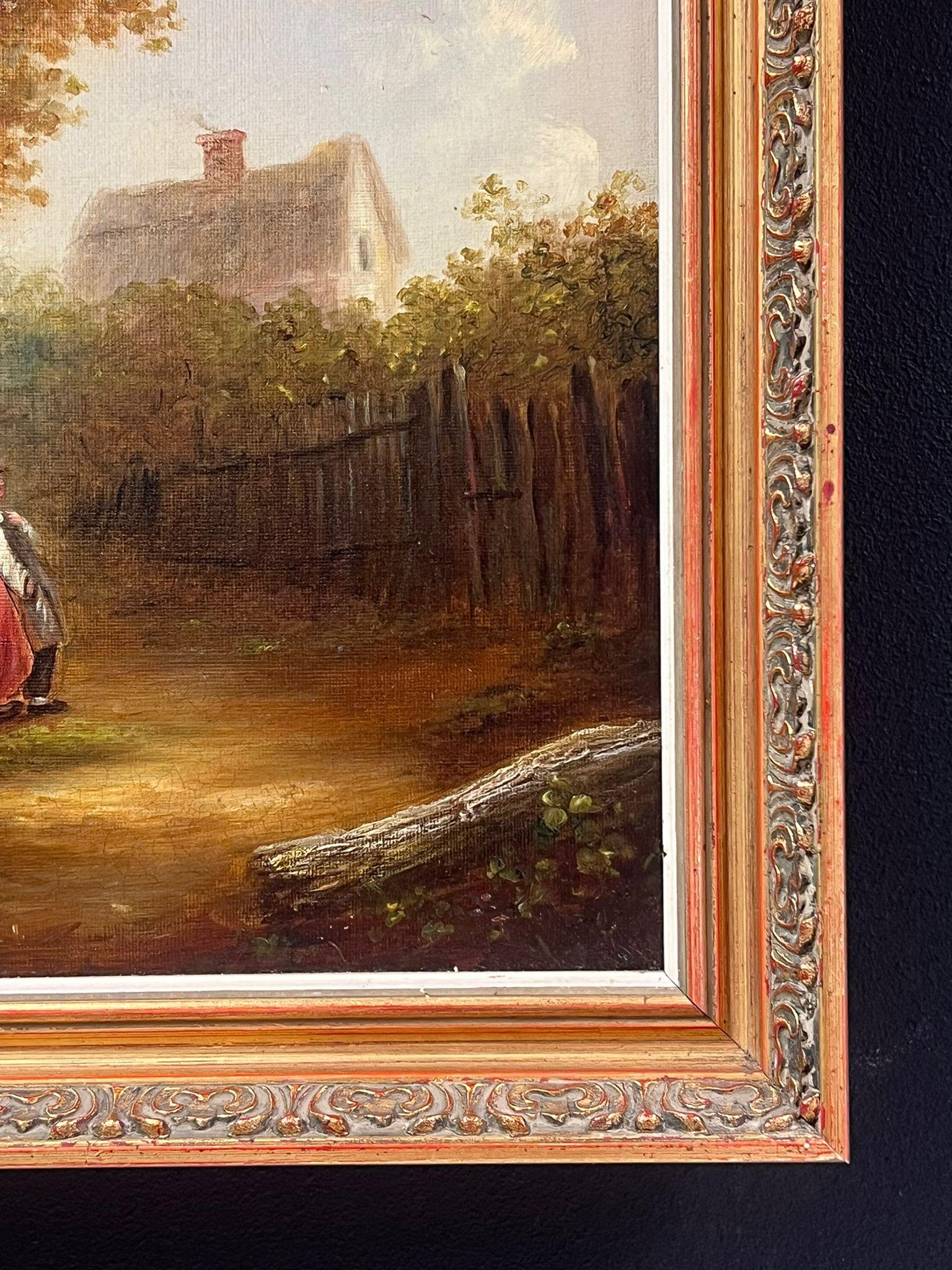 Pittura a olio della scuola di Suffolk del XIX secolo Figure in un bosco rurale Lane's in vendita 4