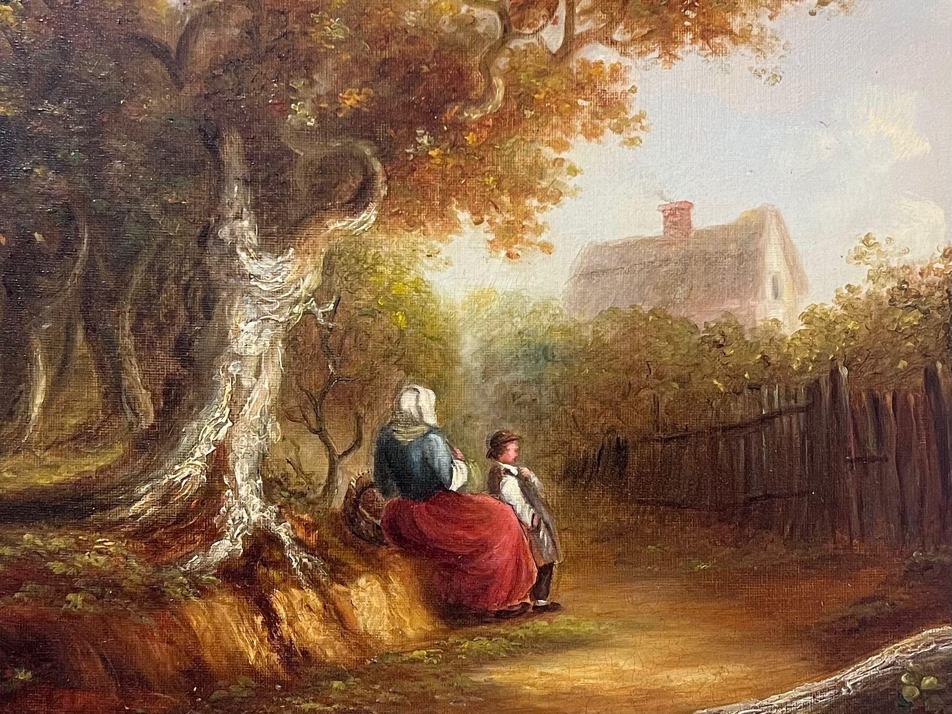 Figurative Painting di Suffolk School - Pittura a olio della scuola di Suffolk del XIX secolo Figure in un bosco rurale Lane's