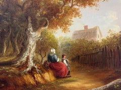 Figures peintes à l'huile de l'école du Suffolk du 19e siècle dans le bois rural de Lane