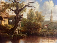 Beautiful Victorian English Rural Oil Painting Thatched Cottage Animals by Pond