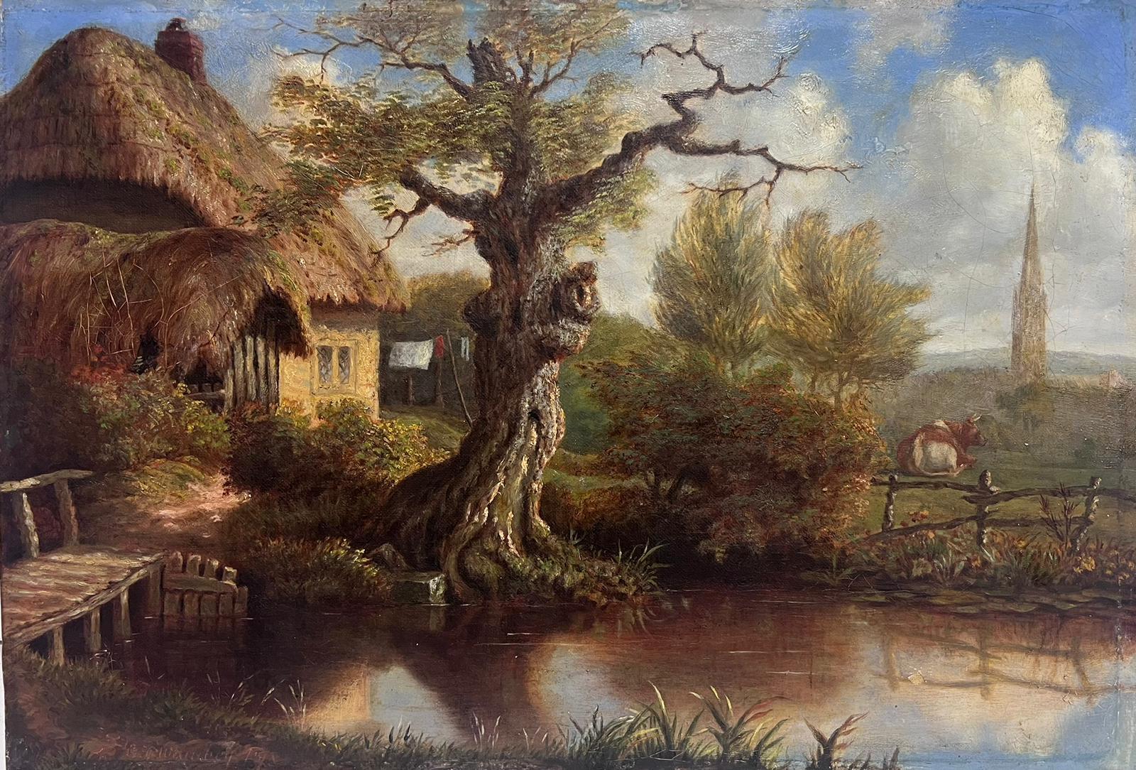 Suffolk School Animal Painting - Beautiful Victorian English Rural Oil Painting Thatched Cottage Animals by Pond